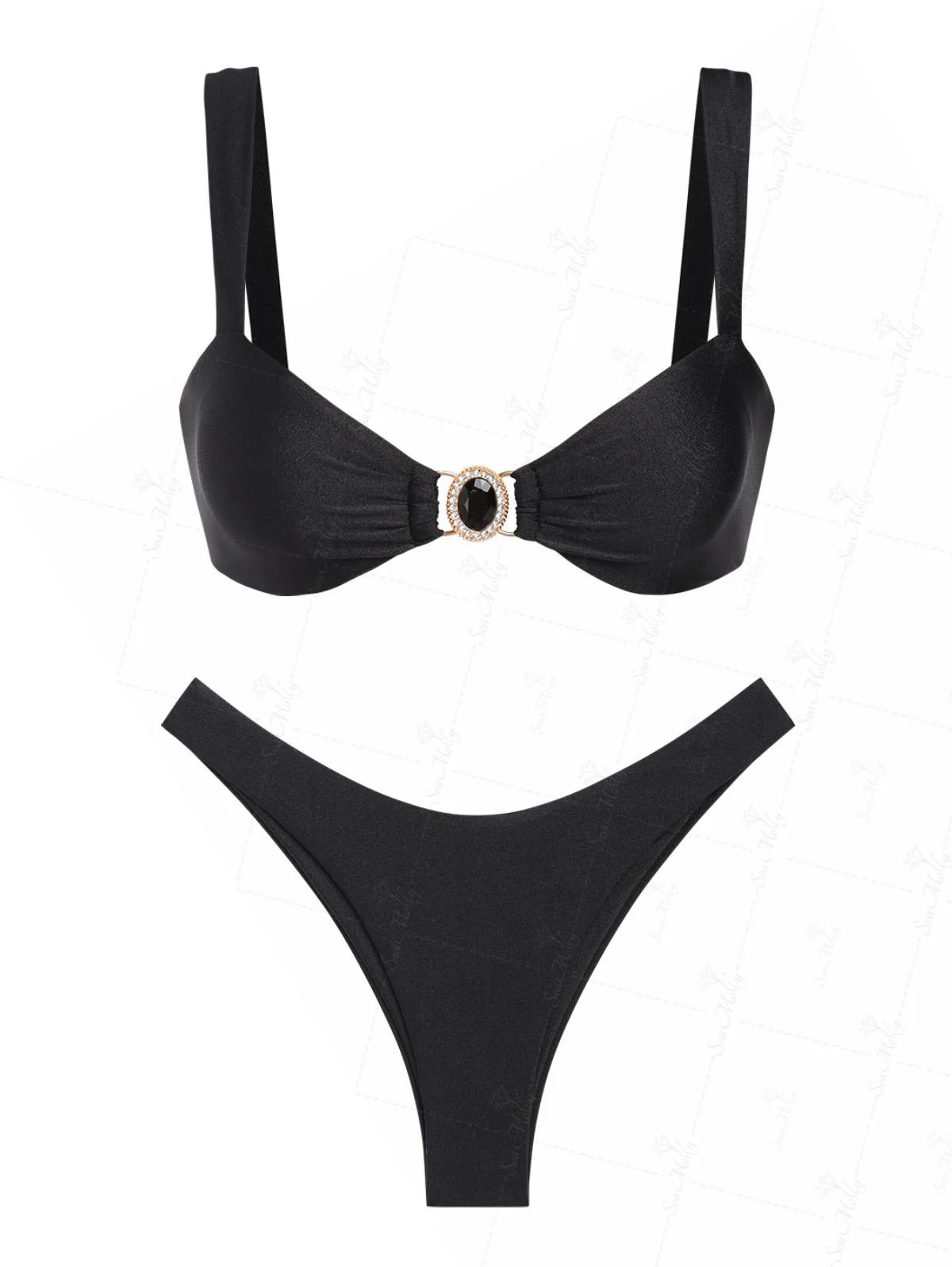 Seamolly Black Shiny Rhinestones Metal Decor Cheeky Bikini Set - Image 2