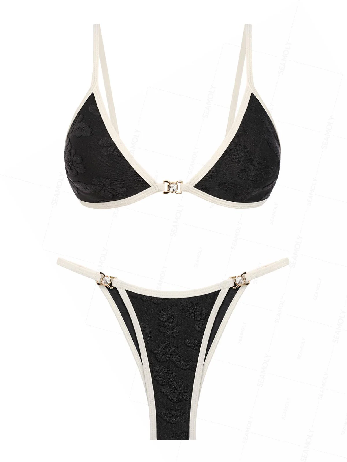 Seamolly Black Towel Fabric Contrast Binding Rhinestone Triangle Tanga Bikini Set