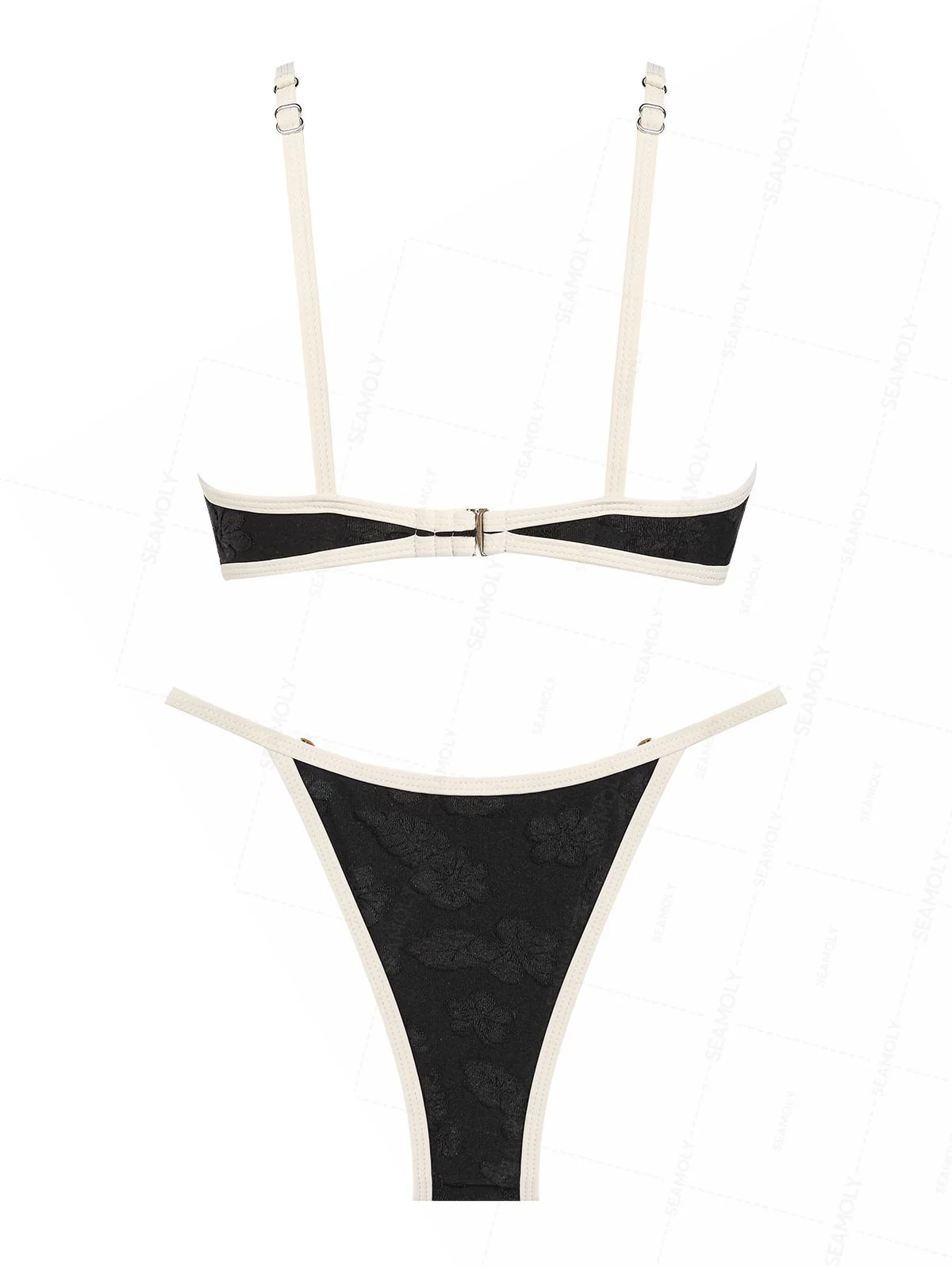 Seamolly Black Towel Fabric Contrast Binding Rhinestone Triangle Tanga Bikini Set - Image 2