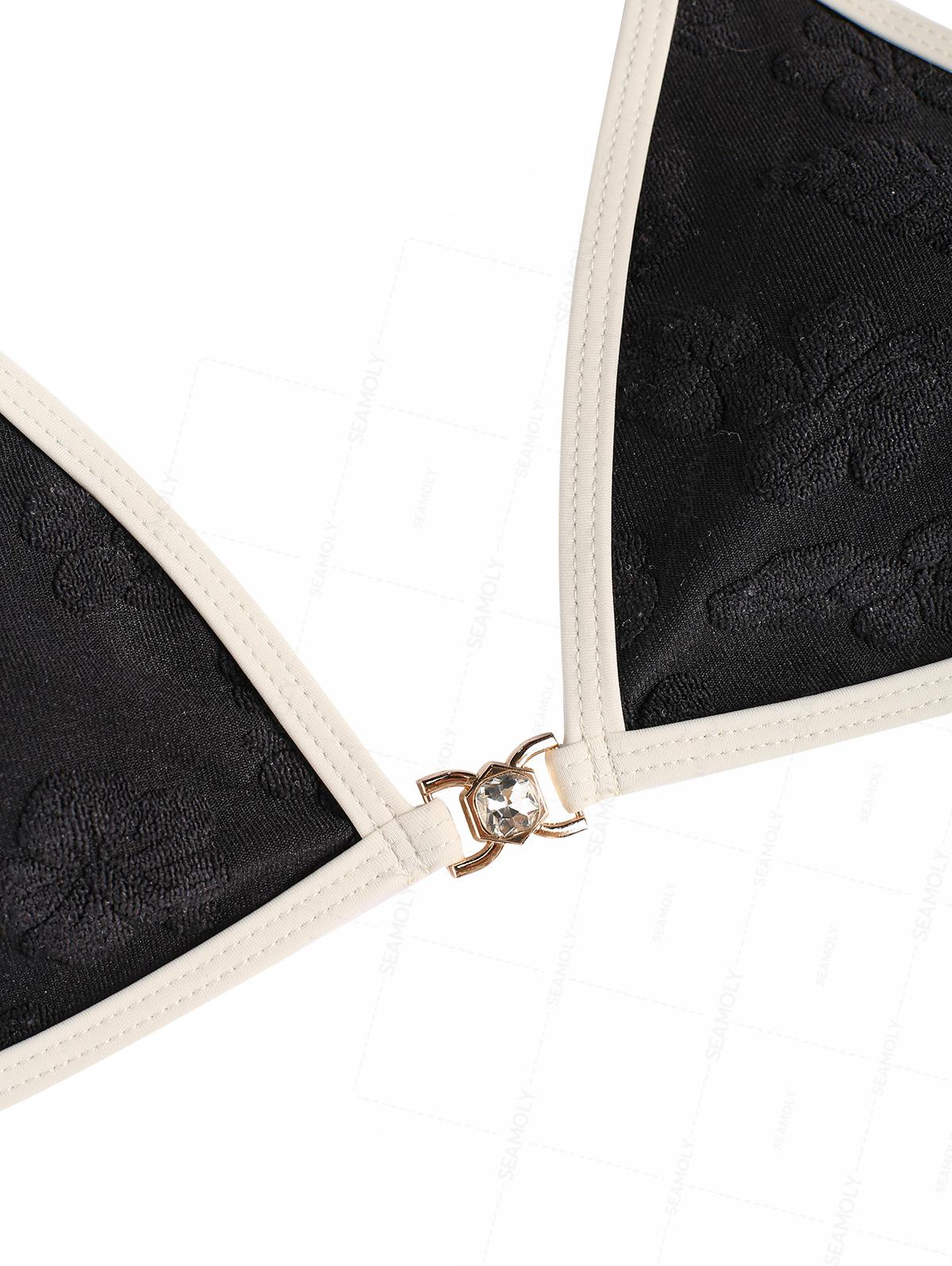 Seamolly Black Towel Fabric Contrast Binding Rhinestone Triangle Tanga Bikini Set - Image 3