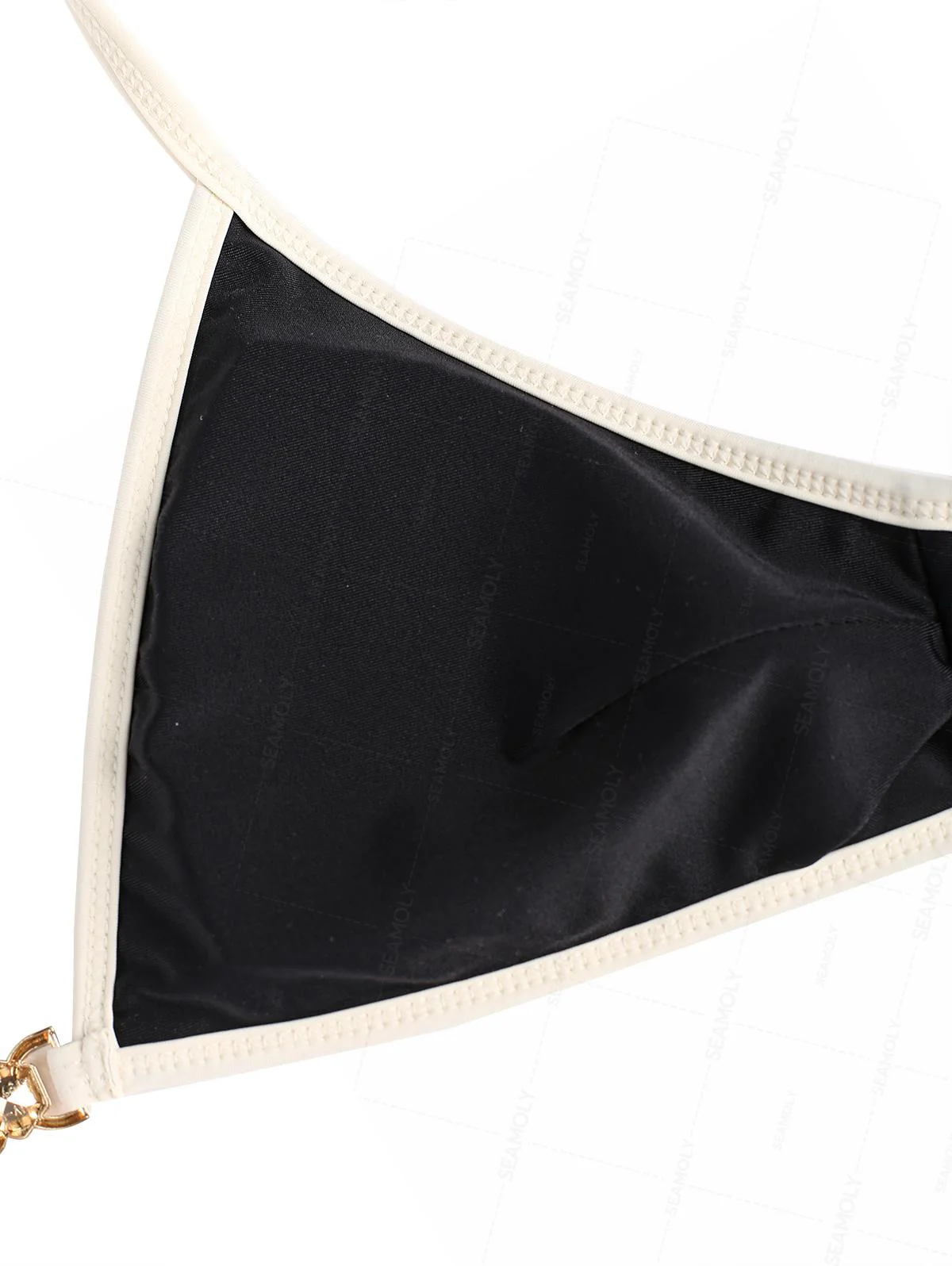 Seamolly Black Towel Fabric Contrast Binding Rhinestone Triangle Tanga Bikini Set - Image 4