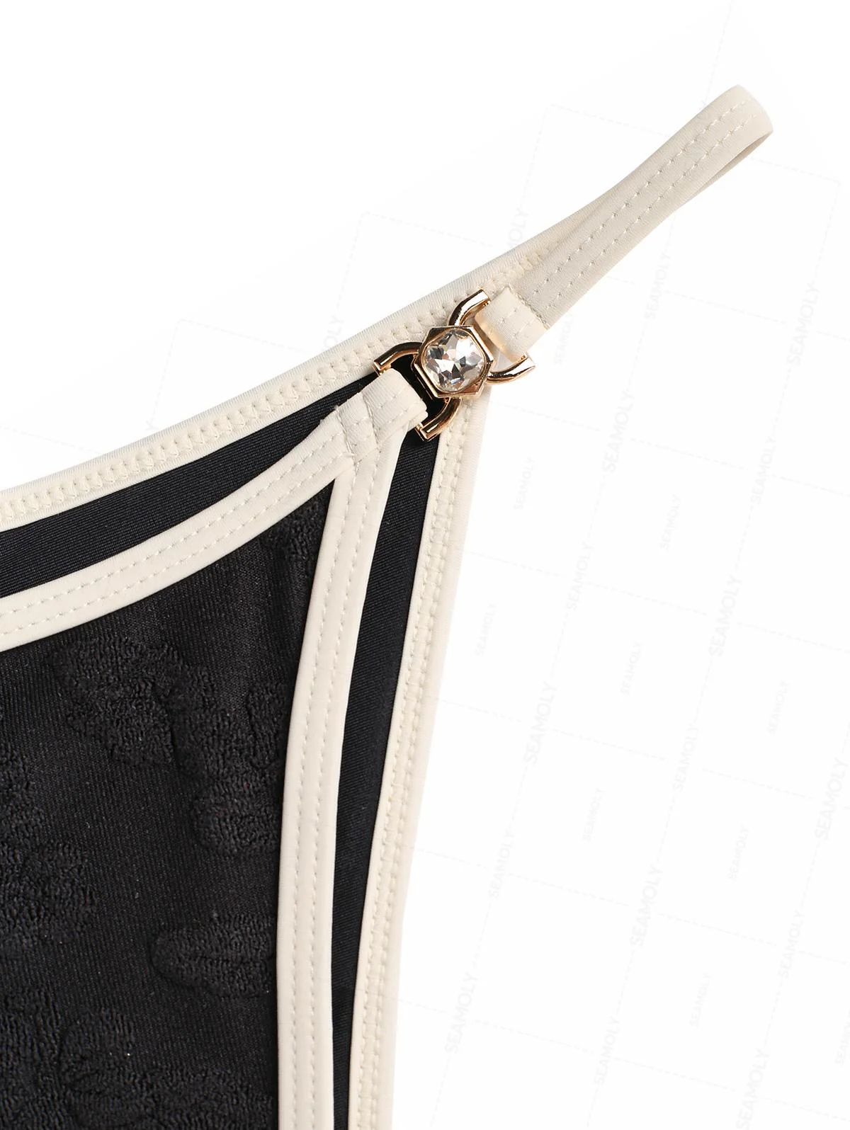 Seamolly Black Towel Fabric Contrast Binding Rhinestone Triangle Tanga Bikini Set - Image 5