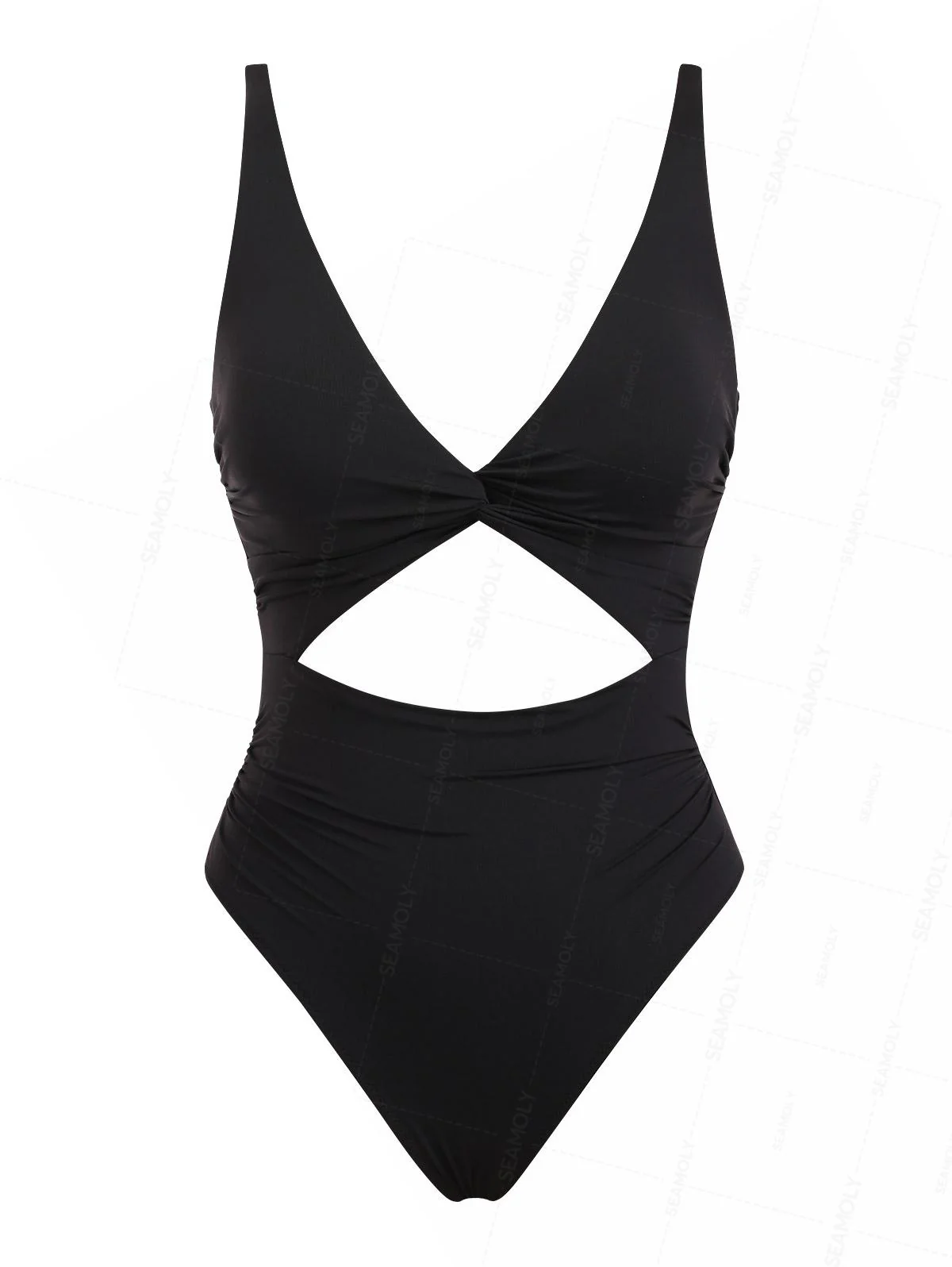 Seamolly Solid Color Twisted Cutout Ruched Tummy Control One-piece Swimsuit Monokini
