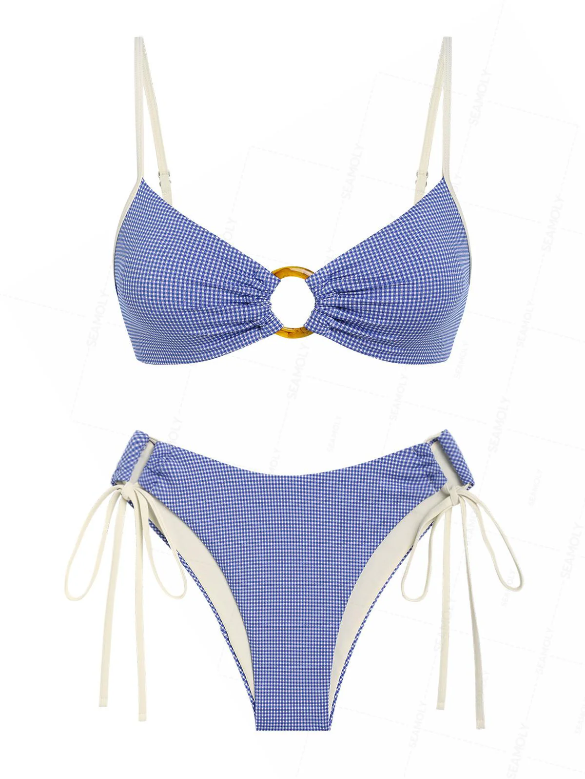 Seamolly Plaid O Ring Cinched Tie Side Hipster Bikini Set