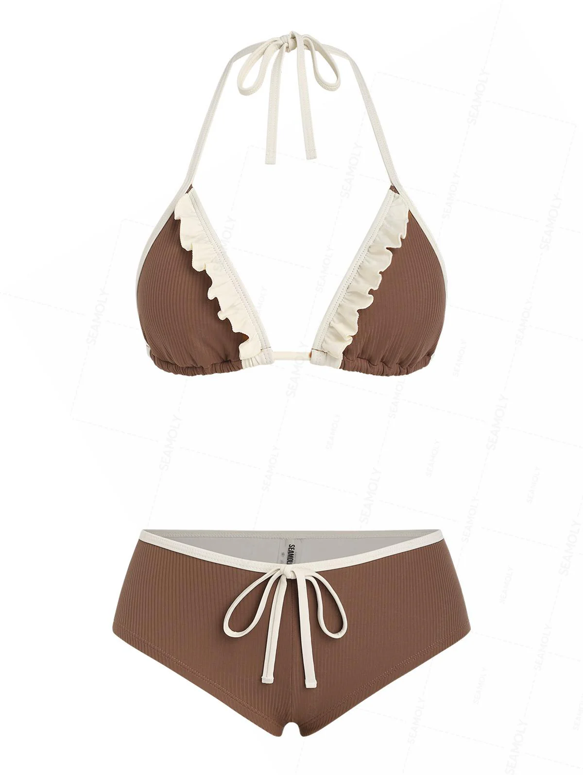 Seamolly Ribbed Ruffles Trim Halter Triangle Boyshorts Bikini Set