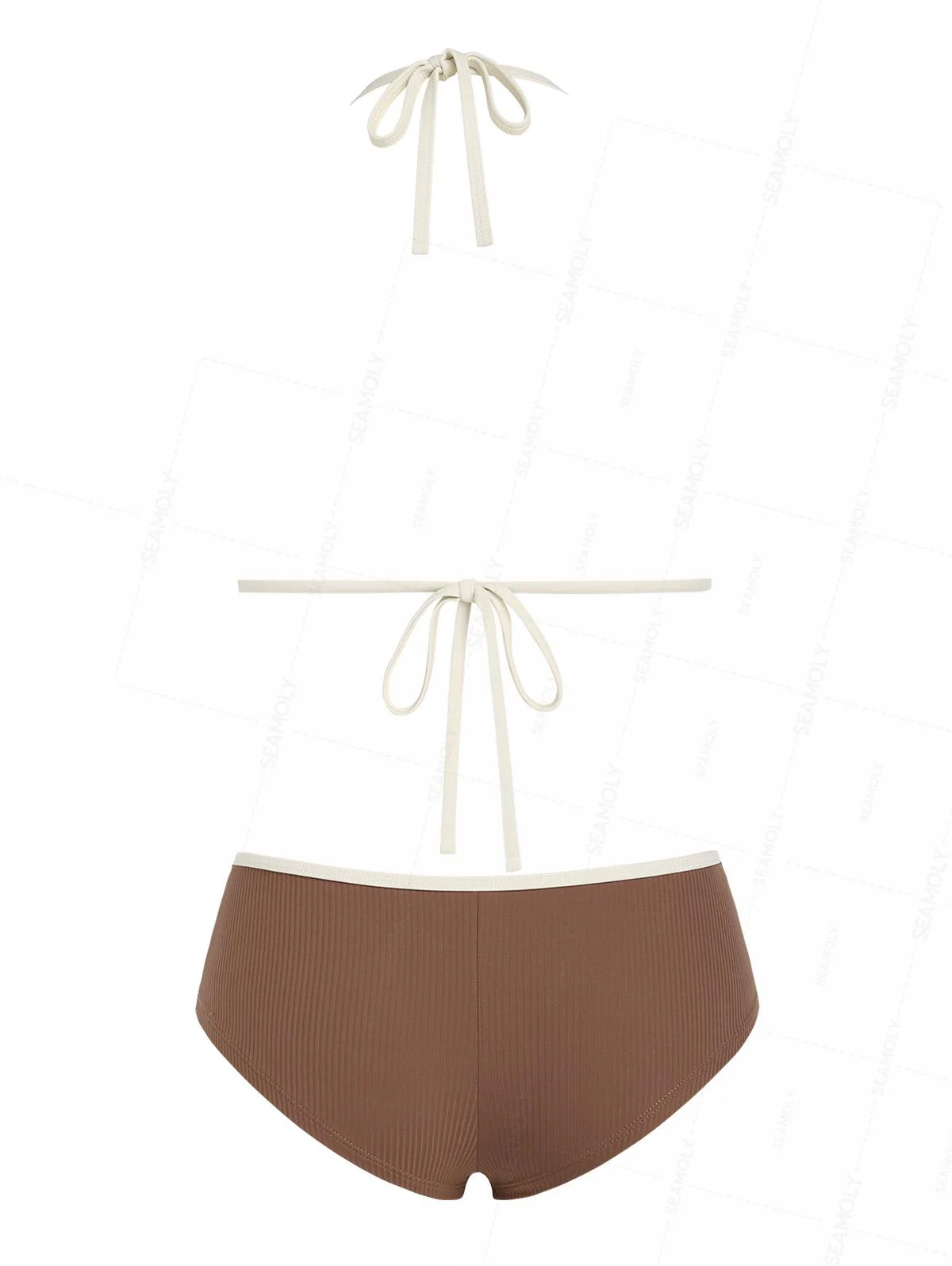 Seamolly Ribbed Ruffles Trim Halter Triangle Boyshorts Bikini Set - Image 2