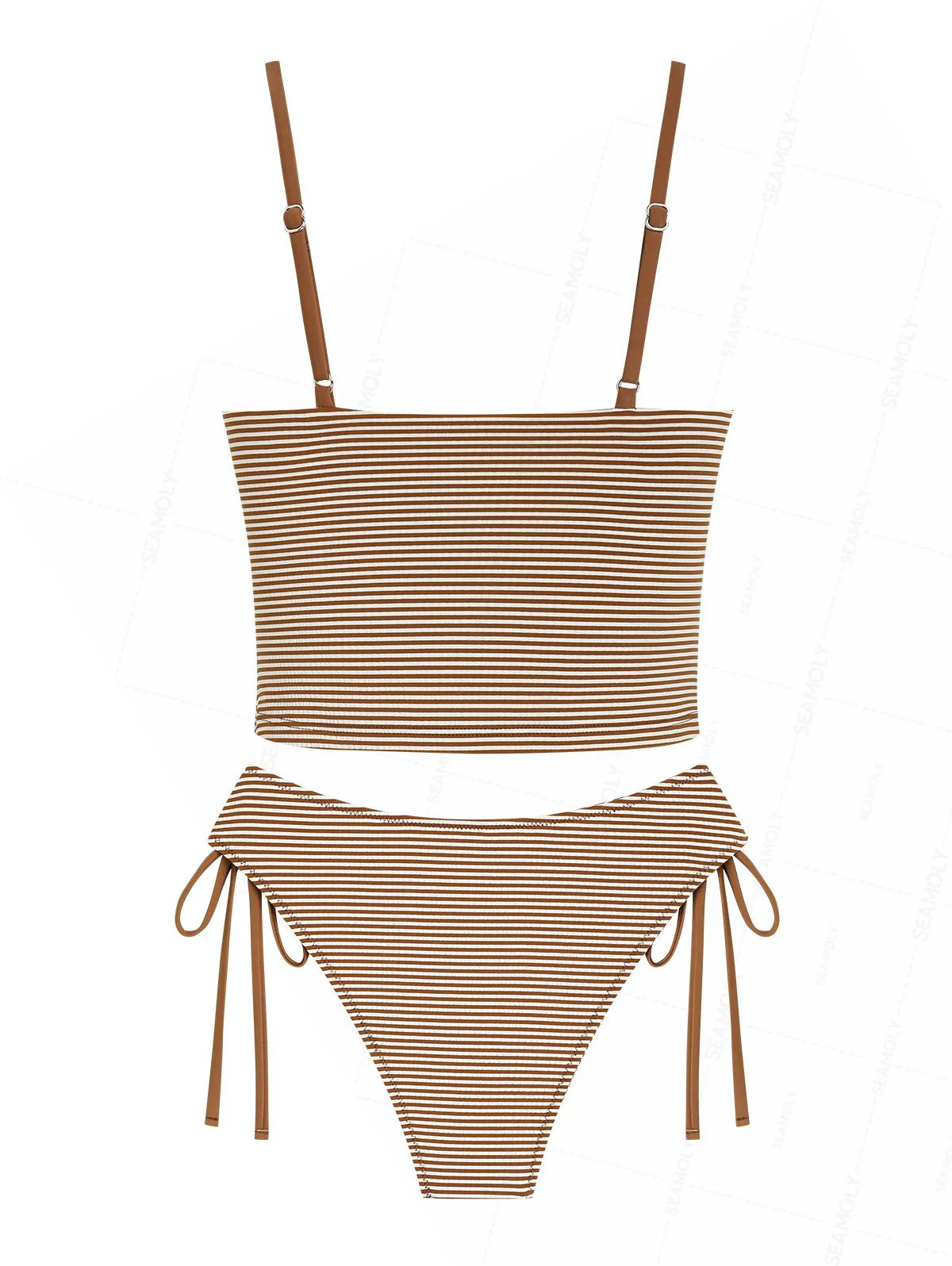 Seamolly Striped Lace Bowknot Plunging Neck Cinched Tie Side Tankini Set - Image 2