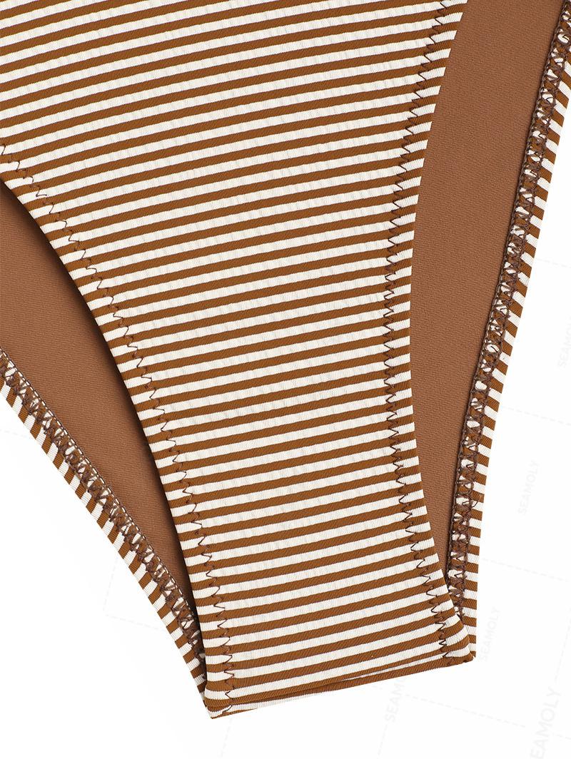 Seamolly Striped Lace Bowknot Plunging Neck Cinched Tie Side Tankini Set - Image 4
