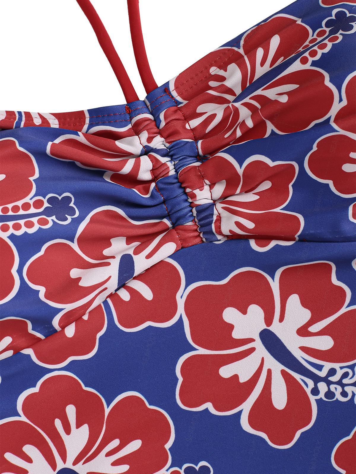 Seamolly Floral Hibiscus Print Ruched Front Halter Bandeau Tankini Set - Image 3