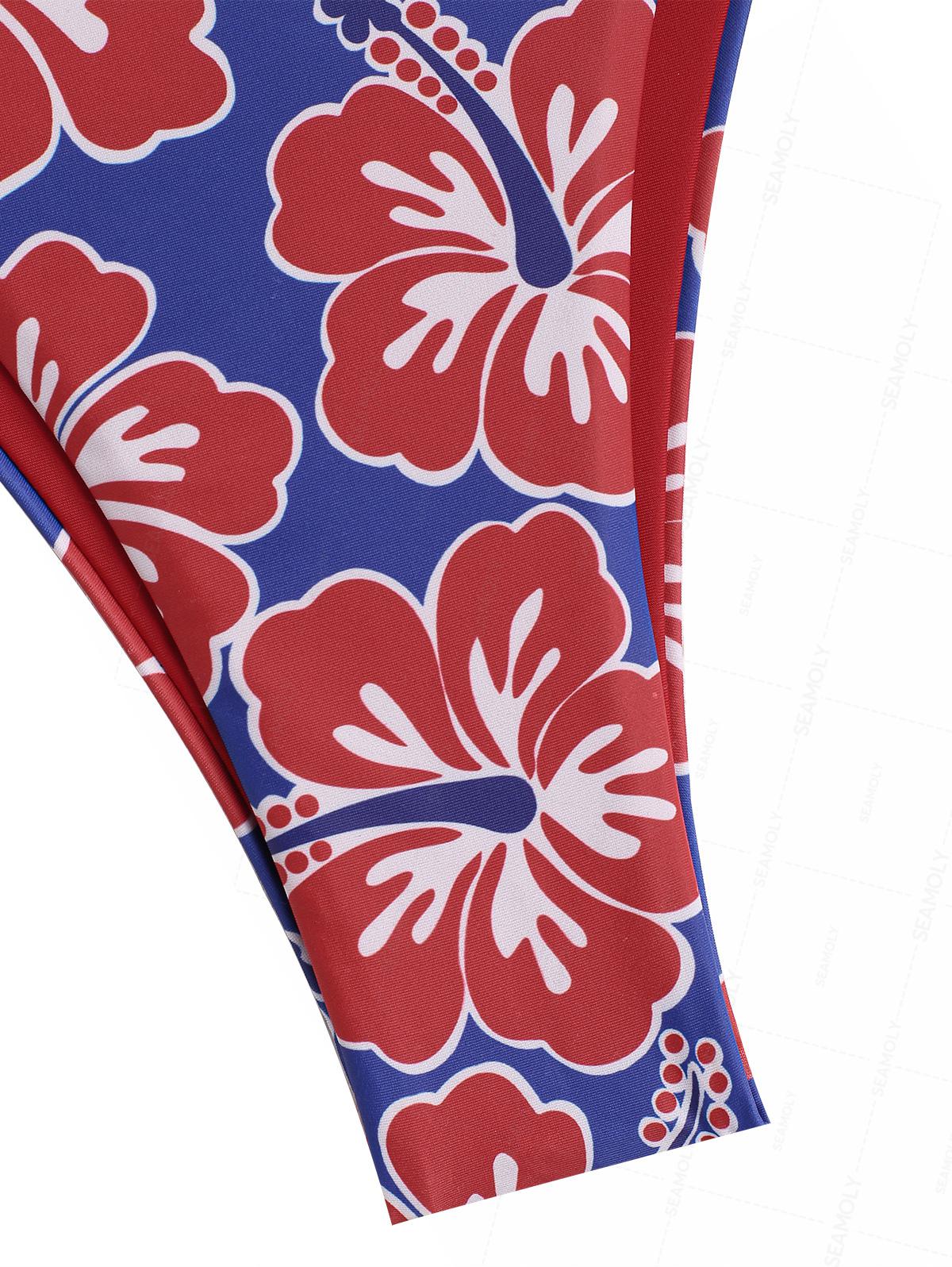 Seamolly Floral Hibiscus Print Ruched Front Halter Bandeau Tankini Set - Image 5