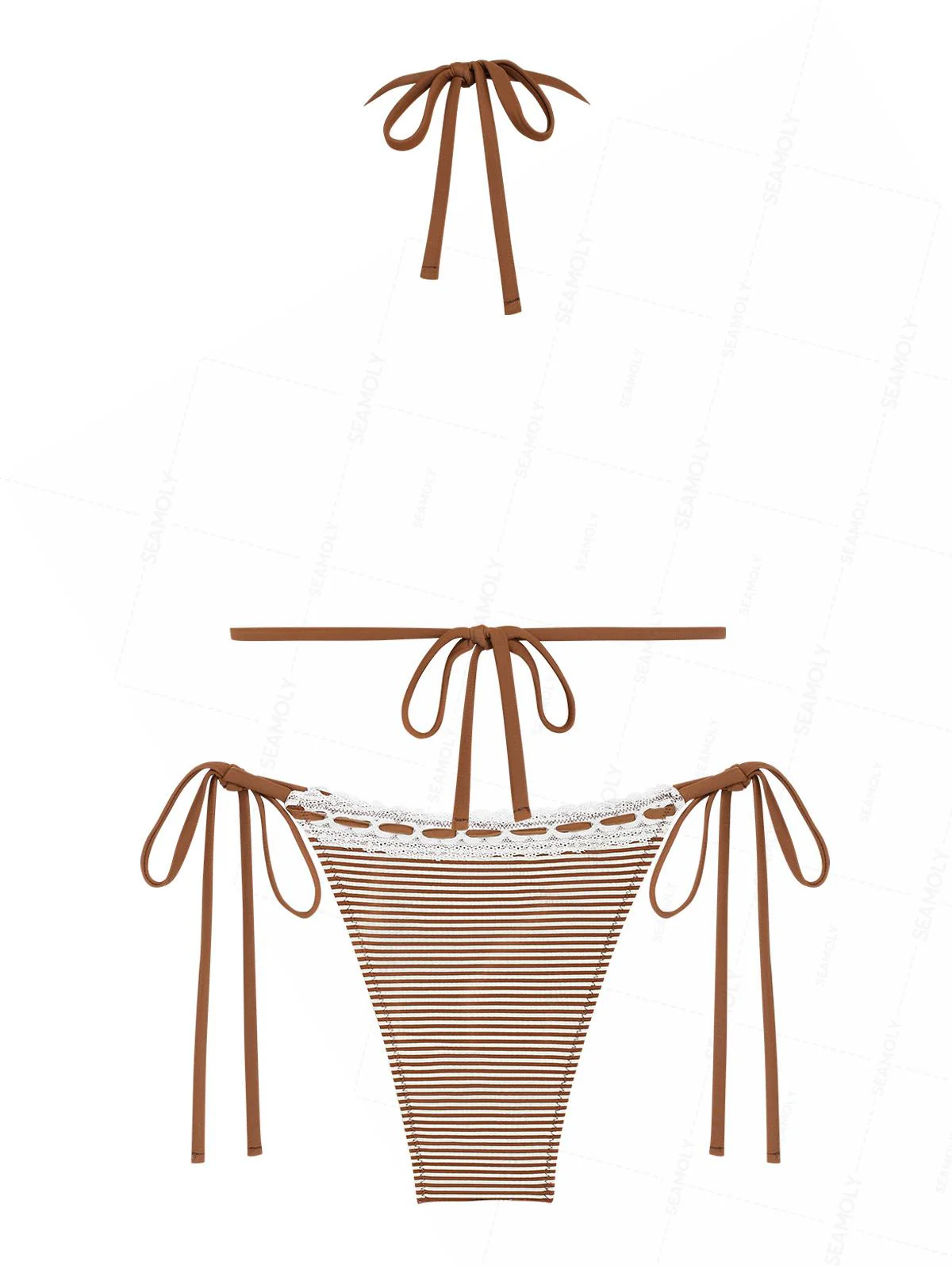 Seamolly Striped Lace Bowknot Halter Triangle Tie Side Bikini Set - Image 2