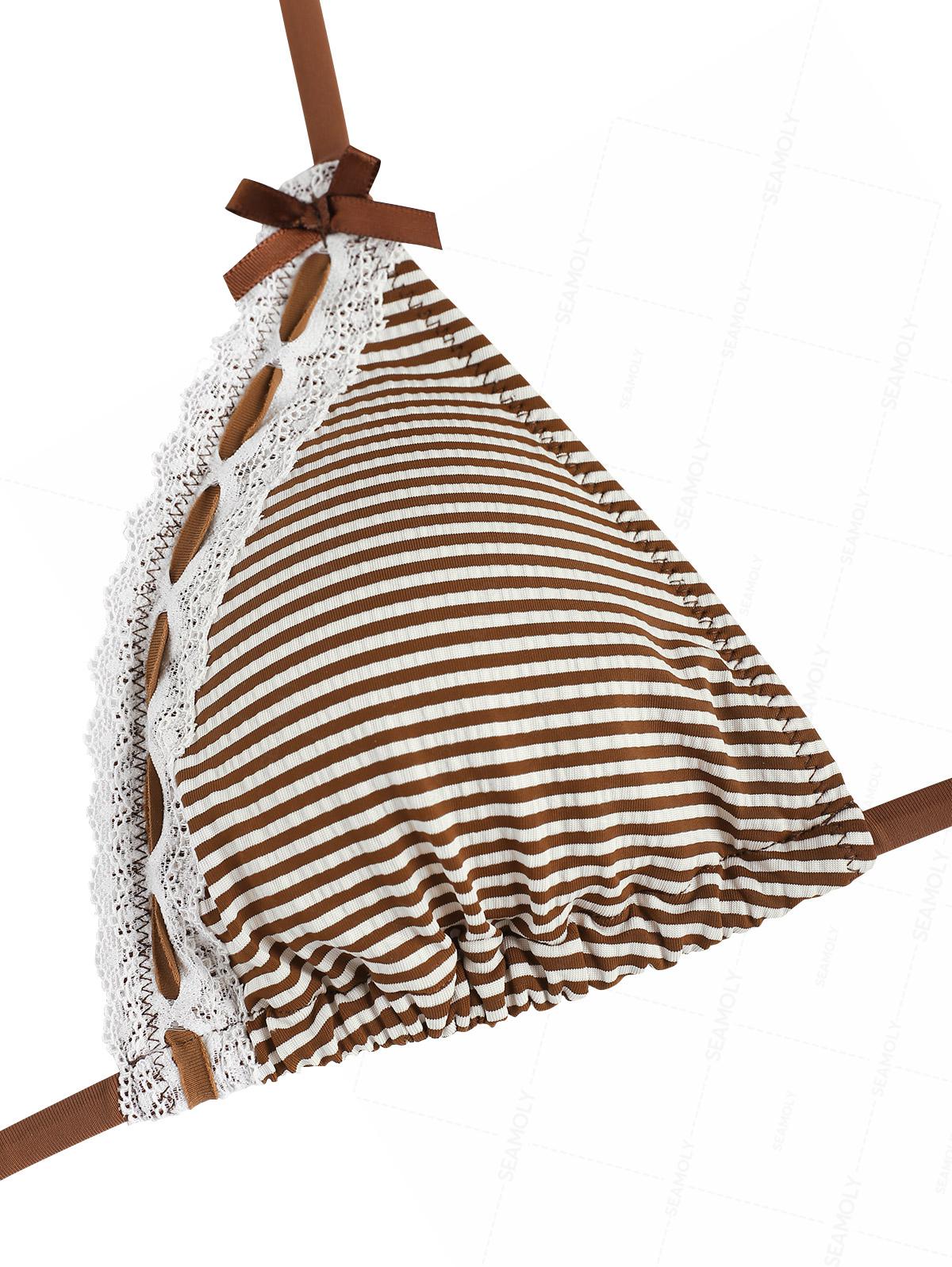 Seamolly Striped Lace Bowknot Halter Triangle Tie Side Bikini Set - Image 3