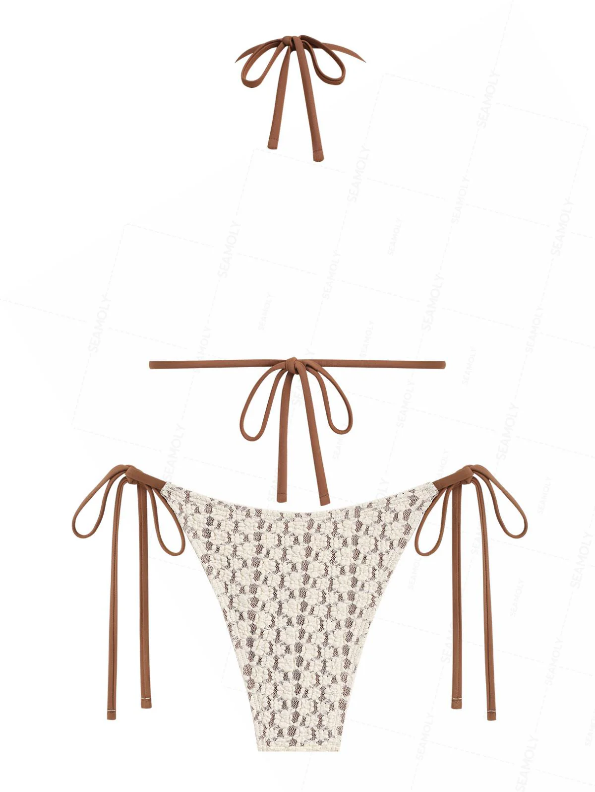 Seamolly Contrast Color Lace Shell Decor Halter Triangle Bikini Set - Image 3