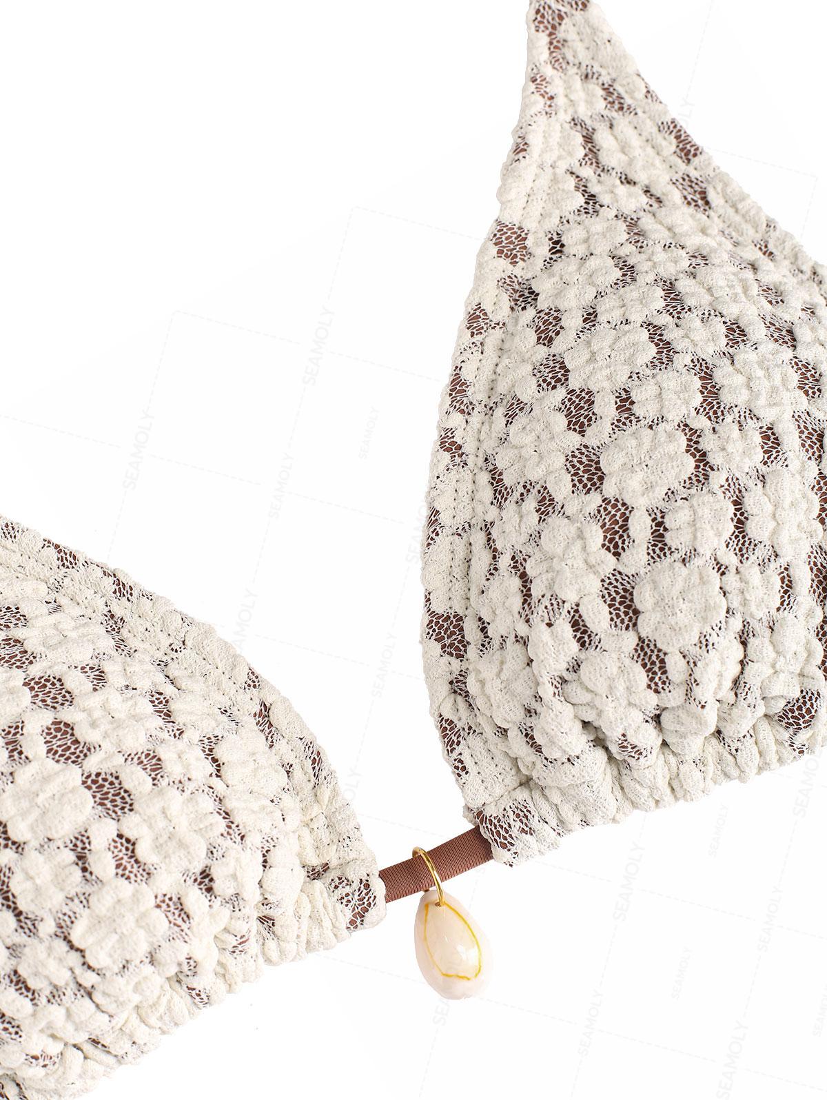 Seamolly Contrast Color Lace Shell Decor Halter Triangle Bikini Set - Image 5