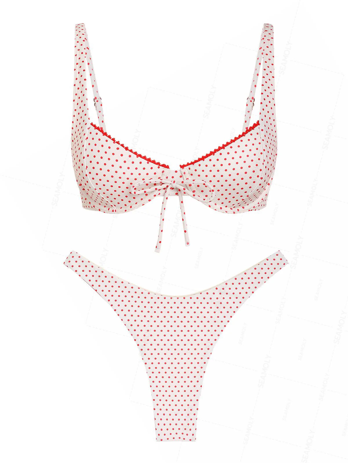 Seamolly Polka Dot Lace Bowknot Underwire Balconette Bikini Set - Image 2