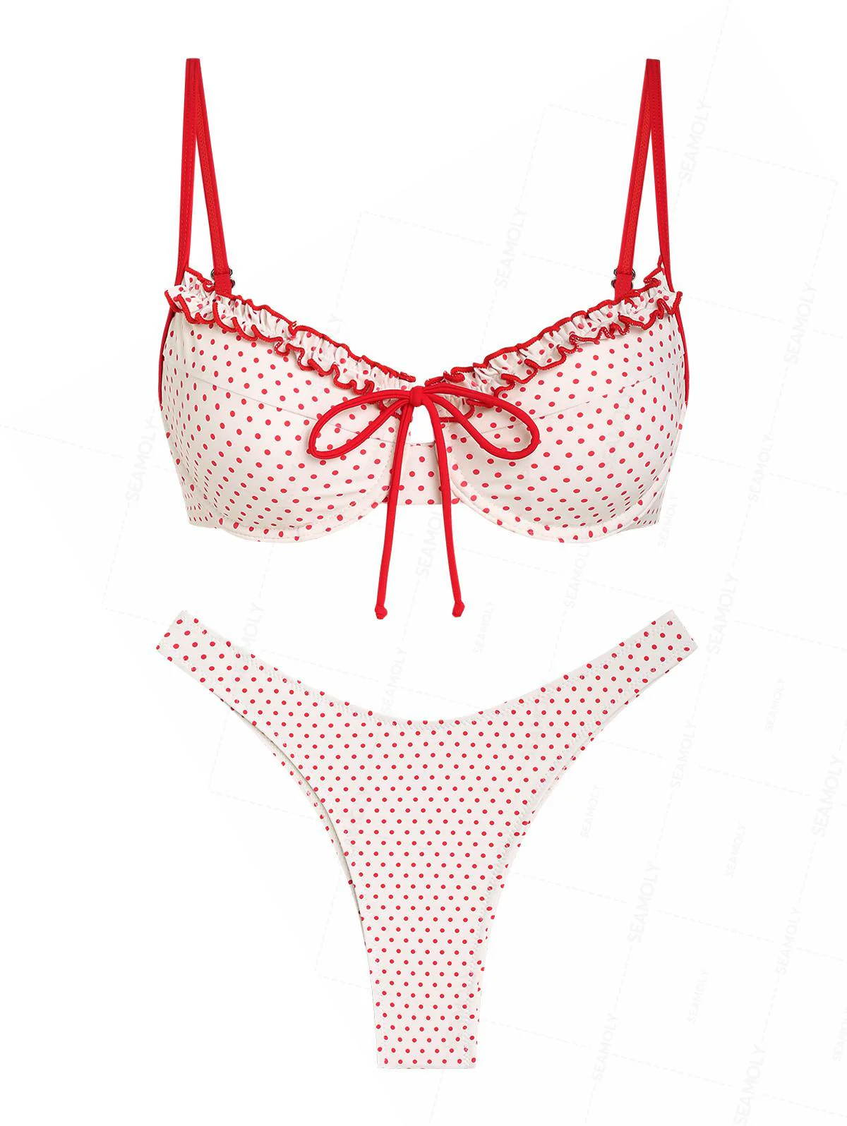Seamolly Polka Dot Print Frilled Ruffles Bowknot Underwire Bikini Set