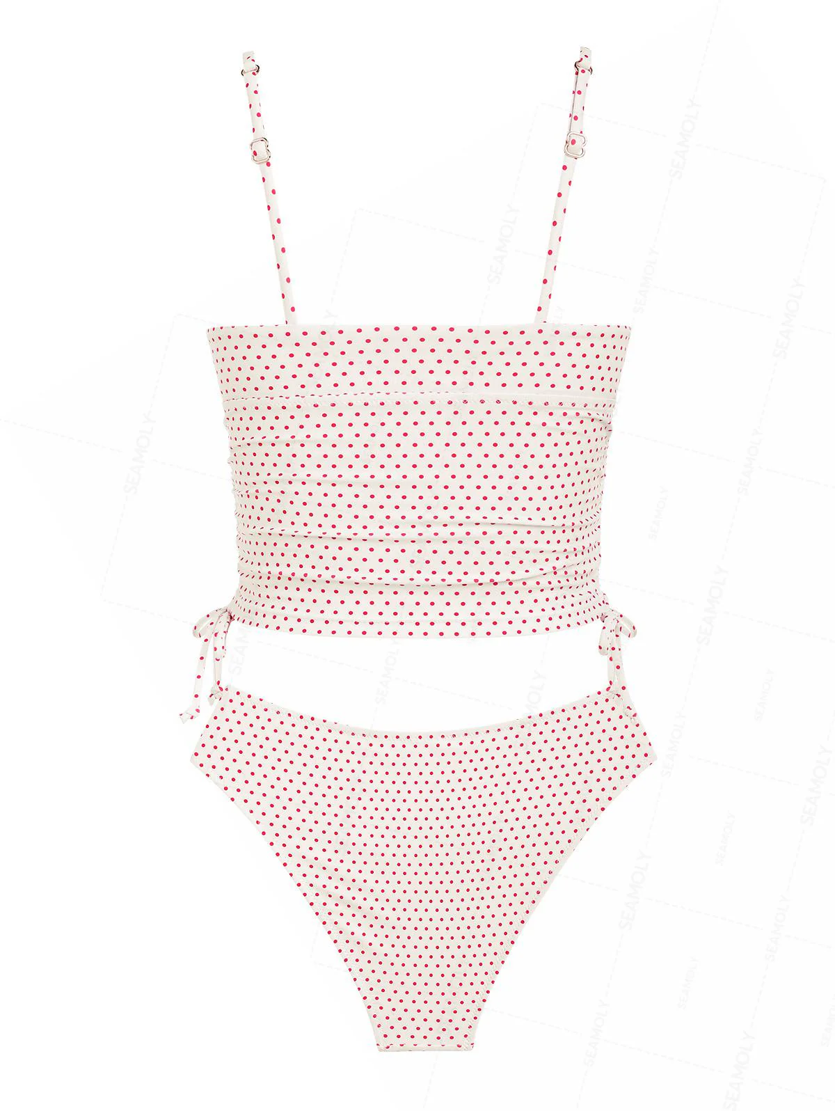 Seamolly Retro Pin-Up Vintage Polka Dot Lace Bowknot Cinched Side Full Coverage Tankini Set - Image 2