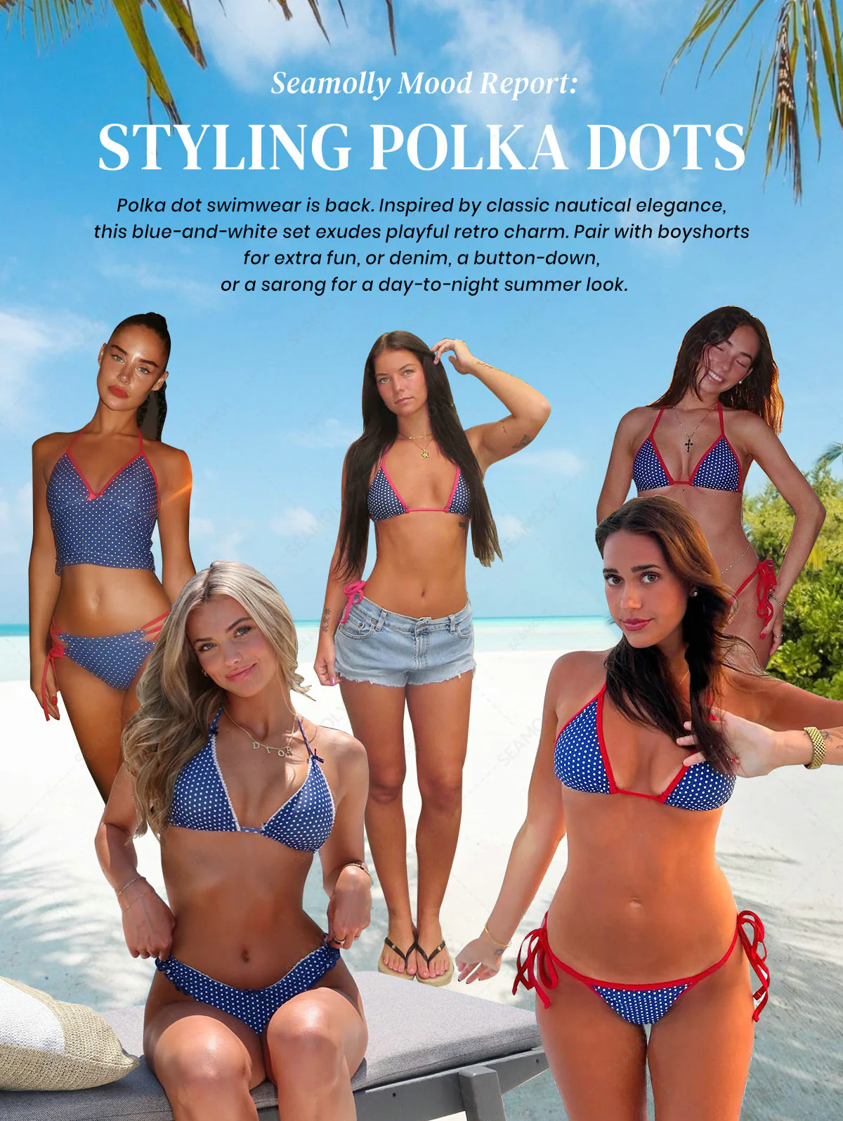 Seamolly Contrast Binding Polka Dots Print Halter Triangle Tie Side Bikini Set for 4th of July - Image 7