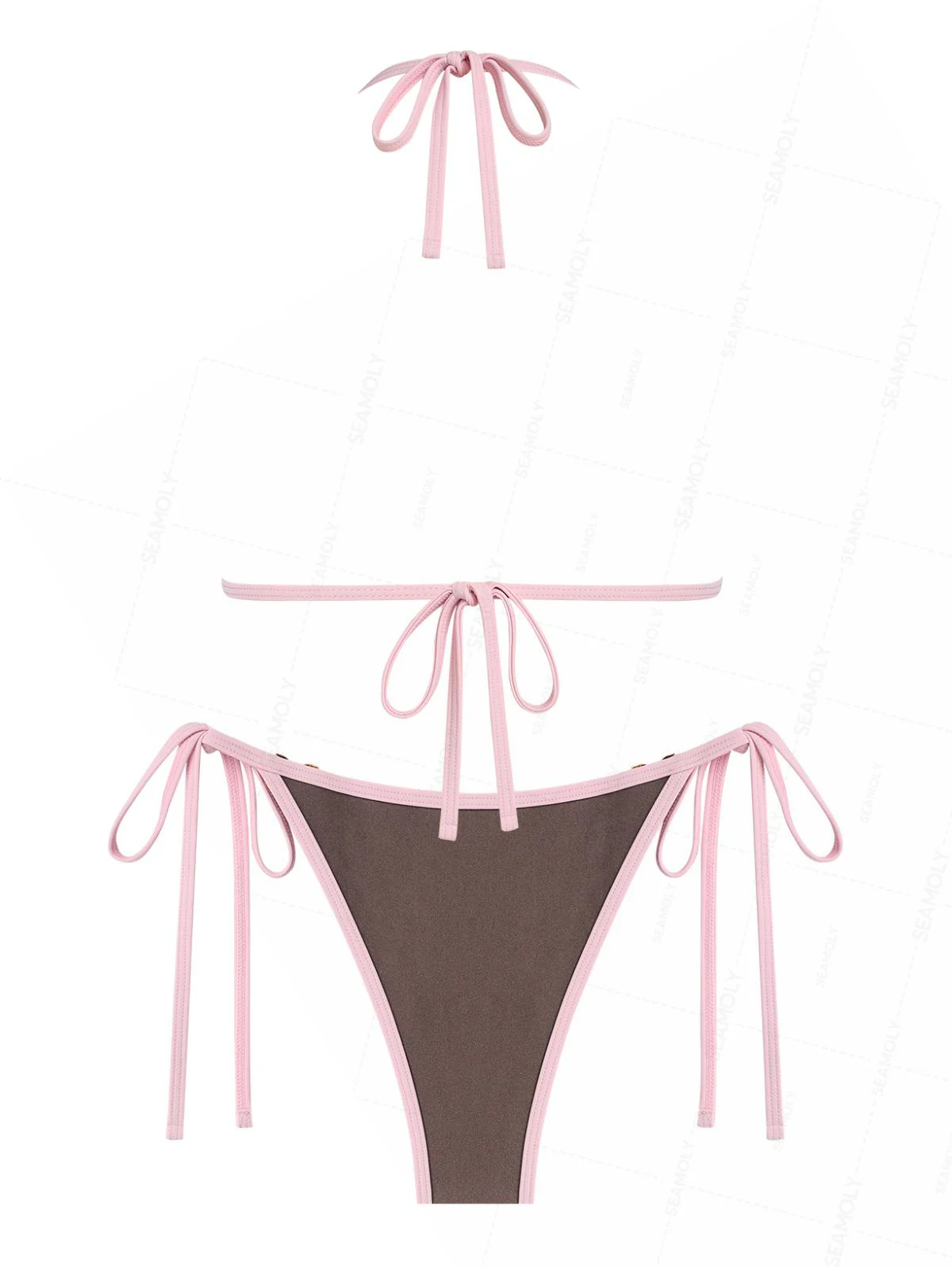 Seamolly Contrast Binding Rhinestones Tie Side Bikini Set - Image 3