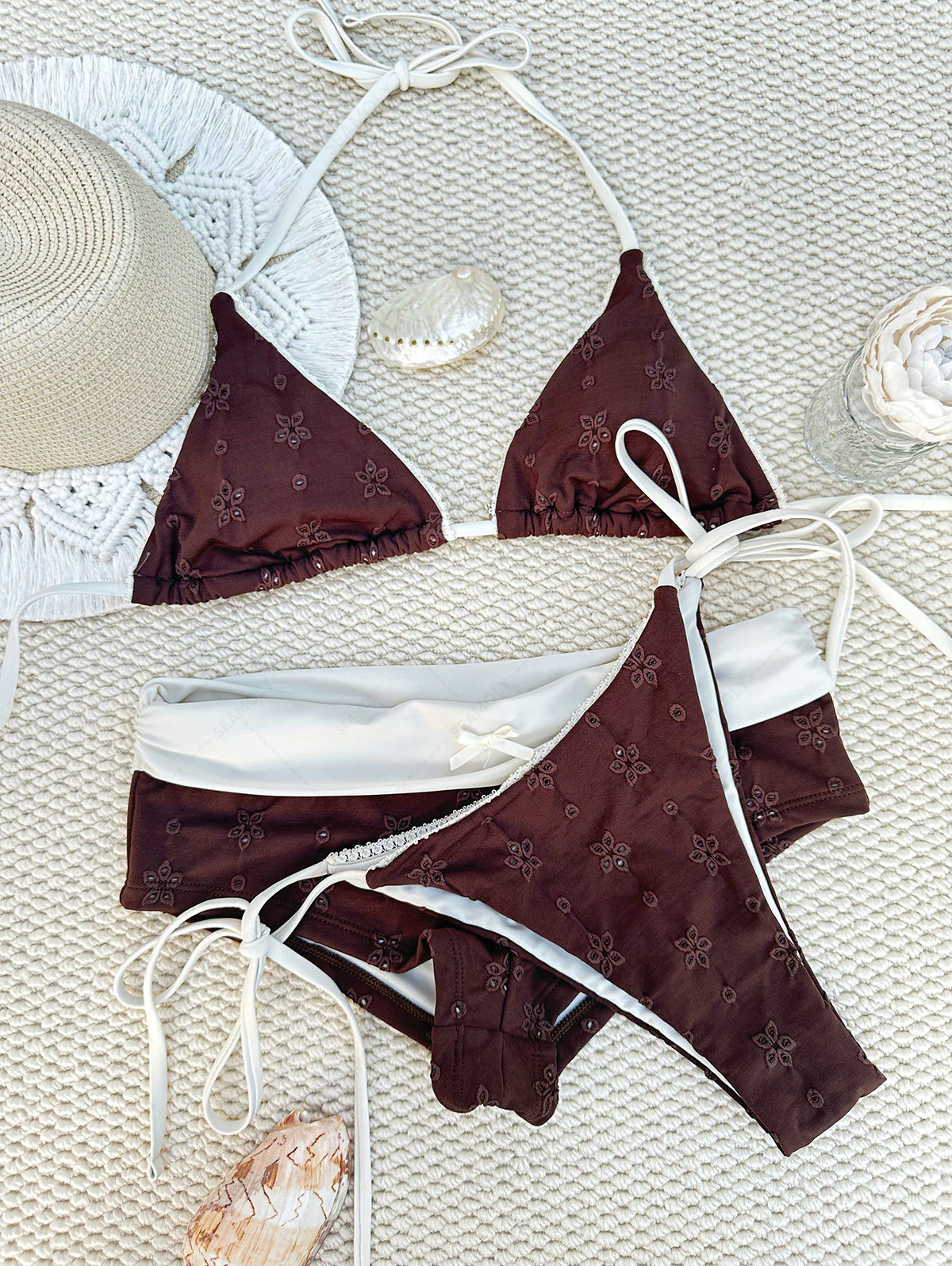 Seamolly Recycled Fabric Eyelet Jacquard Foldover Bikini Bottom Cheeky Swim Boyshorts - Image 3