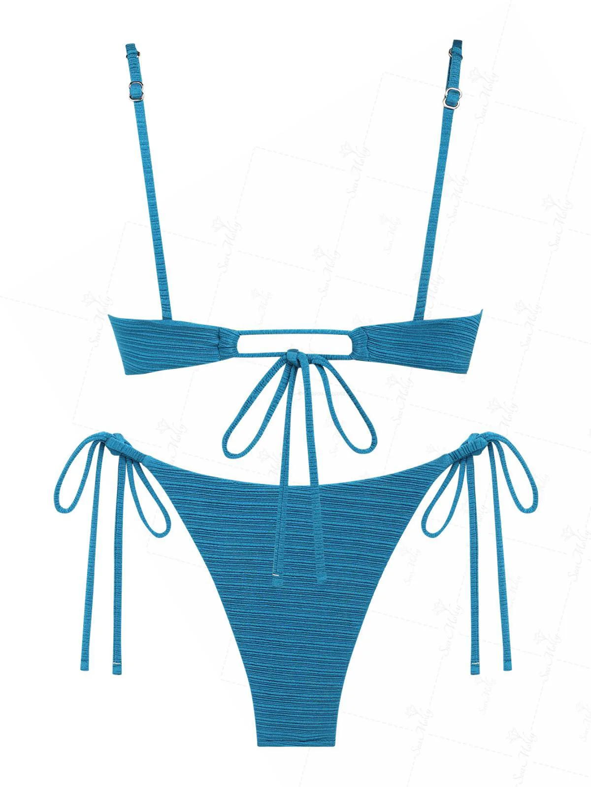 Seamolly Textured Metal Ring Decor Cinched Tied Back Tie Side Bikini Set - Image 10