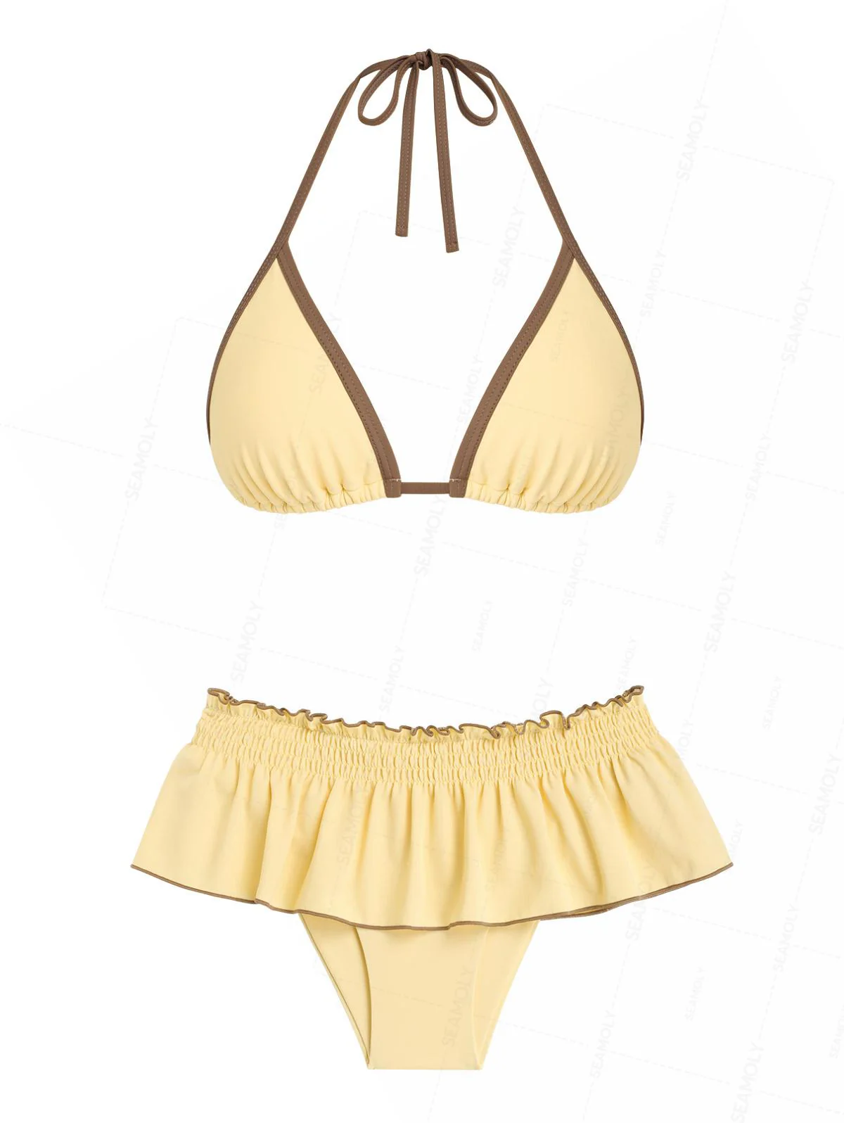 Seamolly Contrast Binding Smocked Ruffles Halter Triangle Skirtini Bikini Set