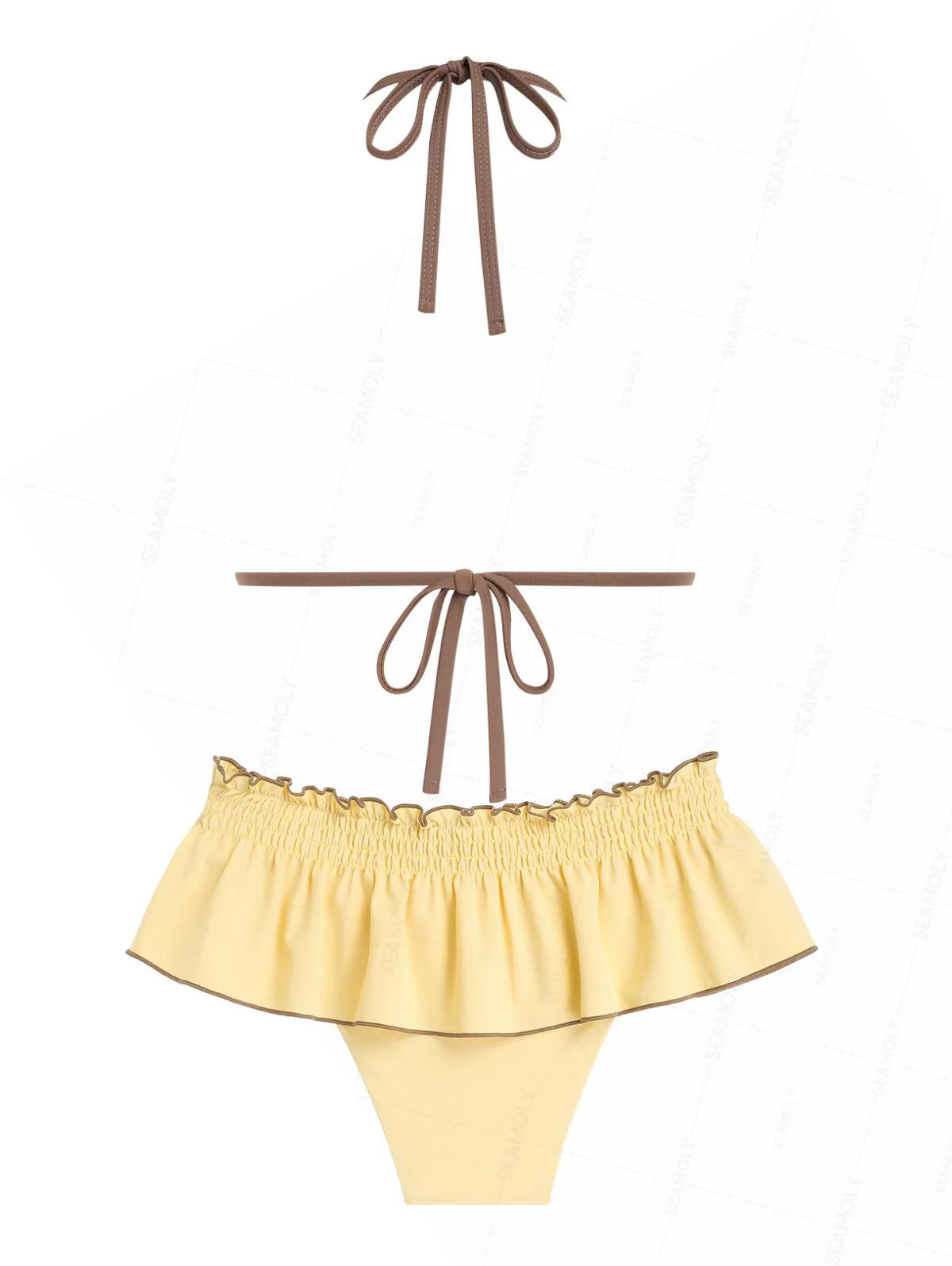 Seamolly Contrast Binding Smocked Ruffles Halter Triangle Skirtini Bikini Set - Image 2