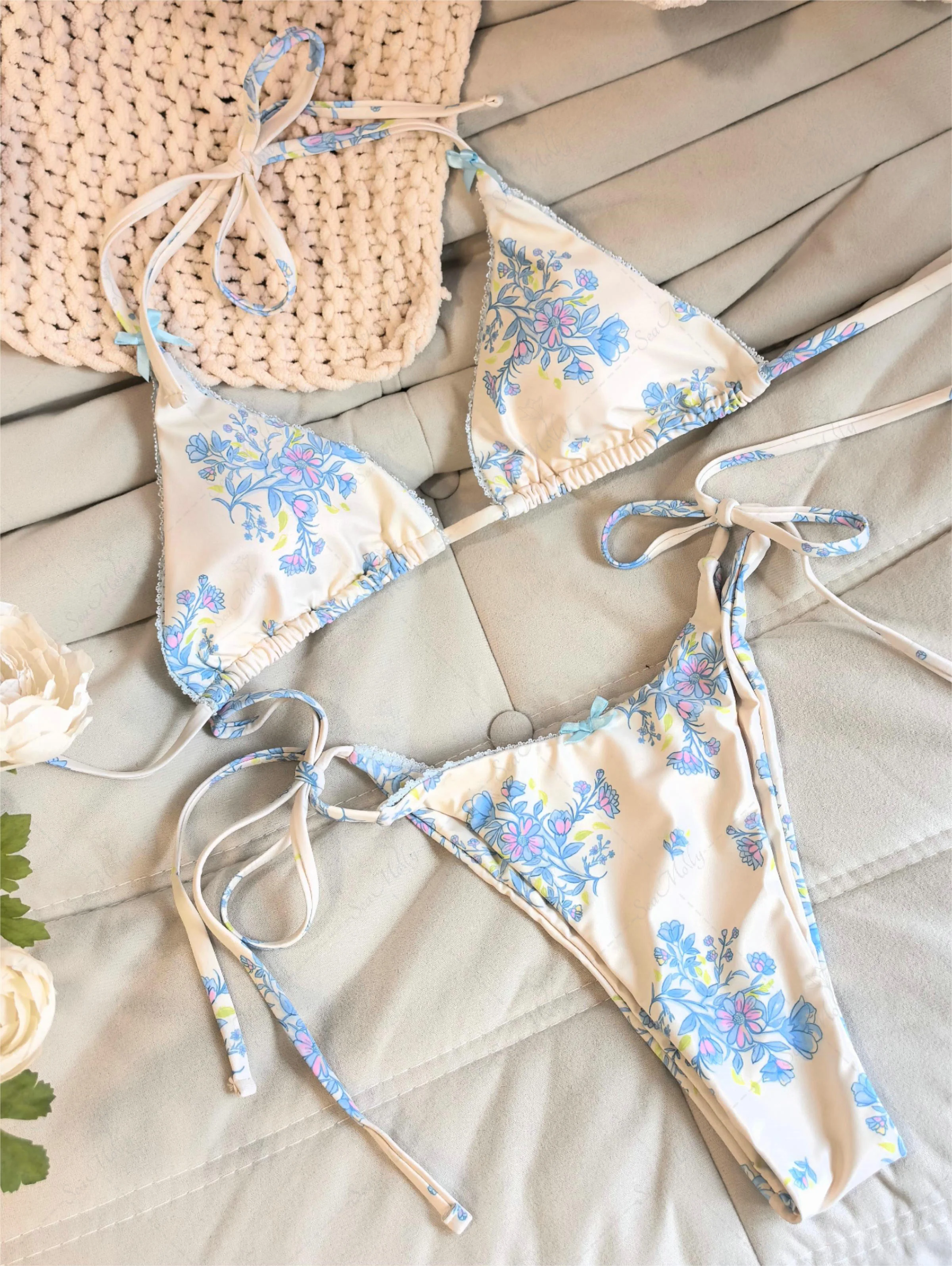 Seamolly Vintage Tiny Blue Floral Bow Tie Triangle Tanga Bikini Set - Image 10