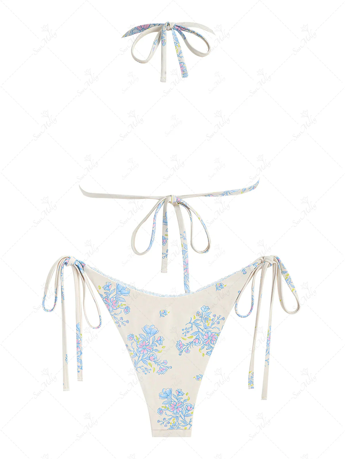 Seamolly Vintage Tiny Blue Floral Bow Tie Triangle Tanga Bikini Set - Image 11