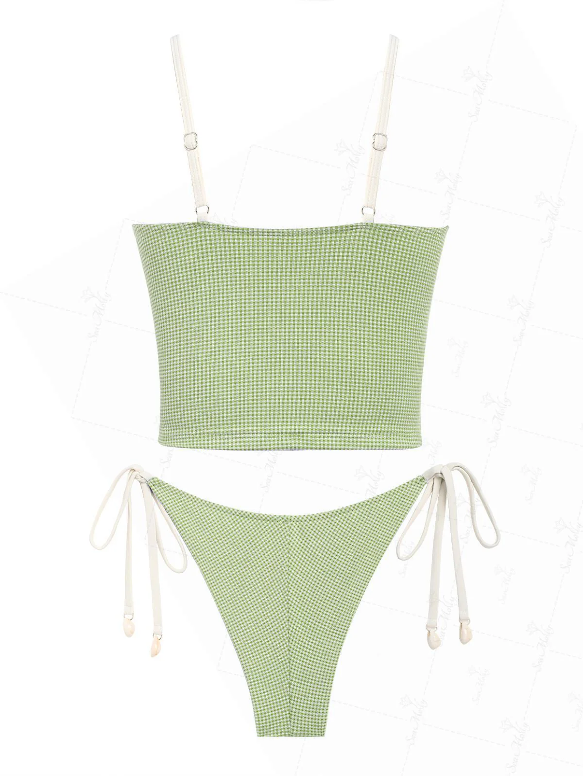 Seamolly Vintage Gingham Ruched Ruffles Trim Top & Cheeky Brazilian Bottom Tankini Set - Image 8