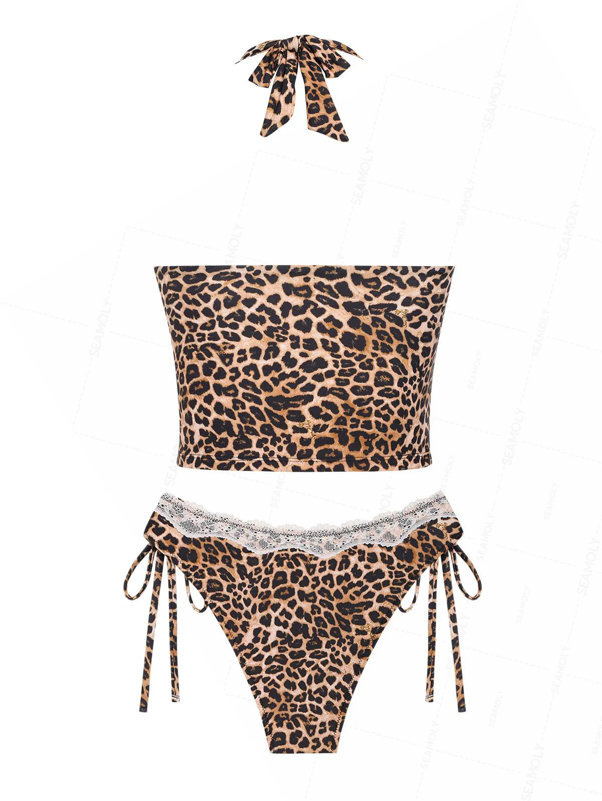 Seamolly Leopard Lace Halter Tied Tank Top & Hipster Bottom Tankini Set - Image 7