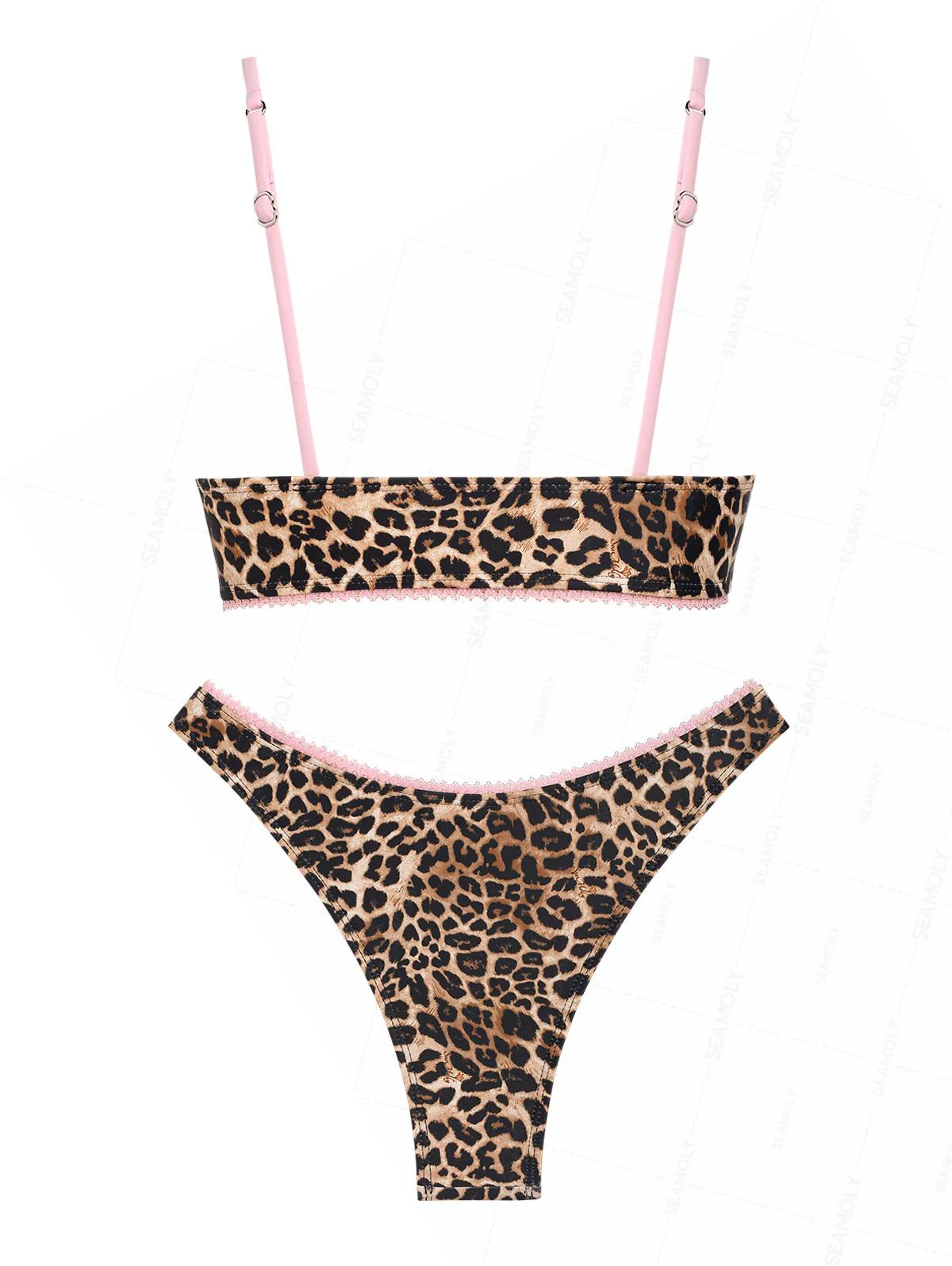 Seamolly Leopard Print Contrast Lace Trim Bowknot Decor Tank Style Bikini Set - Image 2