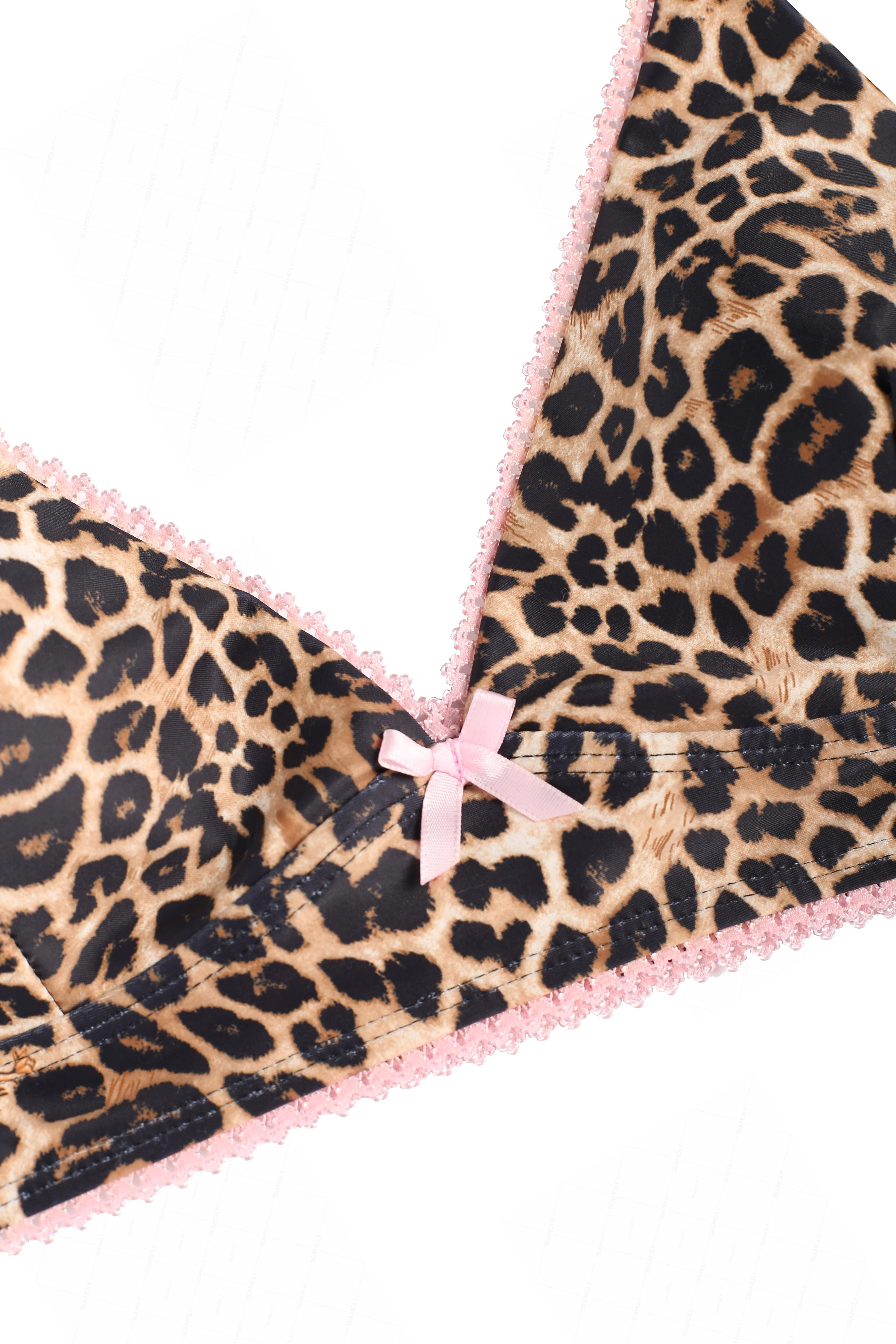 Seamolly Leopard Print Contrast Lace Trim Bowknot Decor Tank Style Bikini Set - Image 3