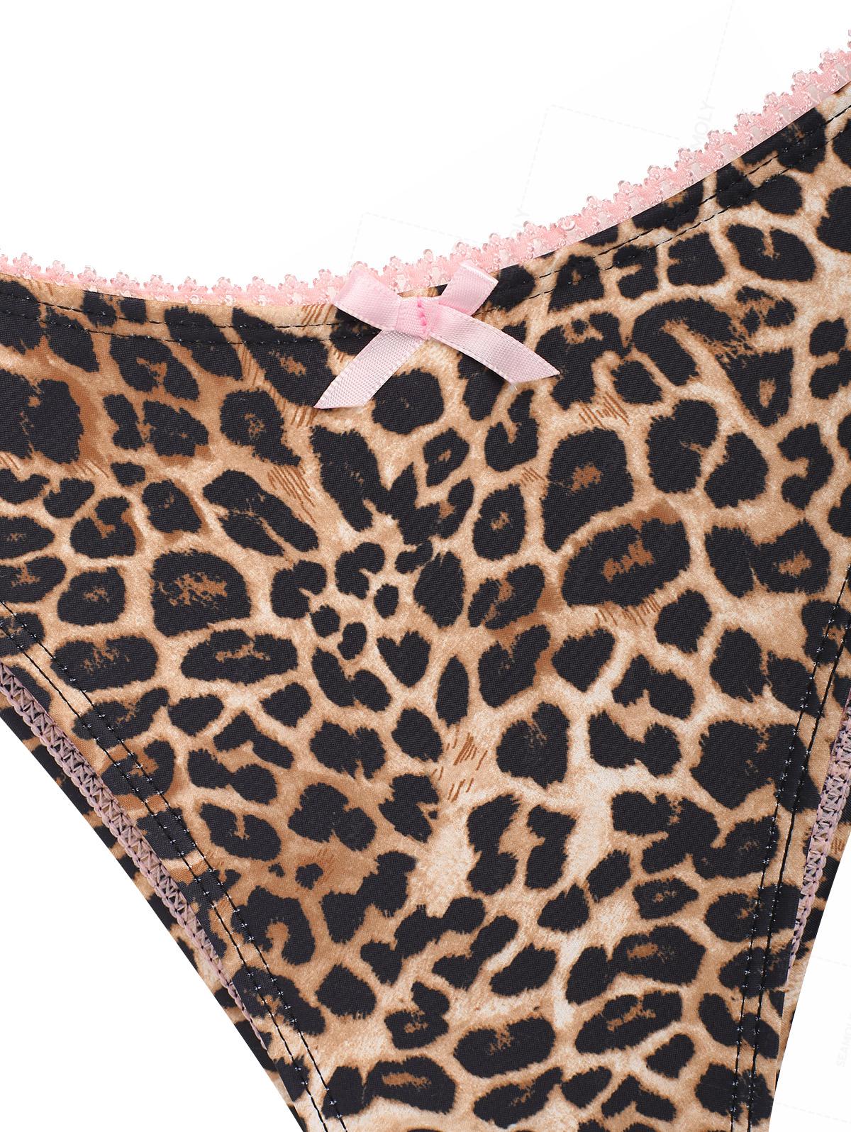 Seamolly Leopard Print Contrast Lace Trim Bowknot Decor Tank Style Bikini Set - Image 5