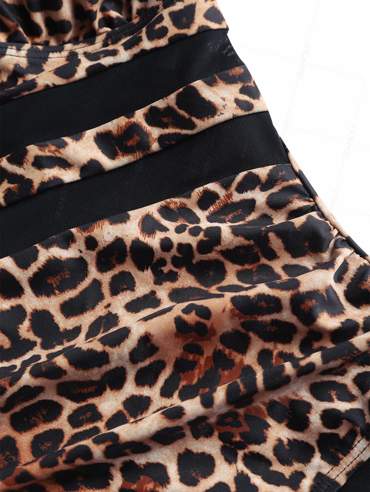 Seamolly Leopard Print Spliced Mesh Plunging Neck One-piece Swimsuit - Image 4
