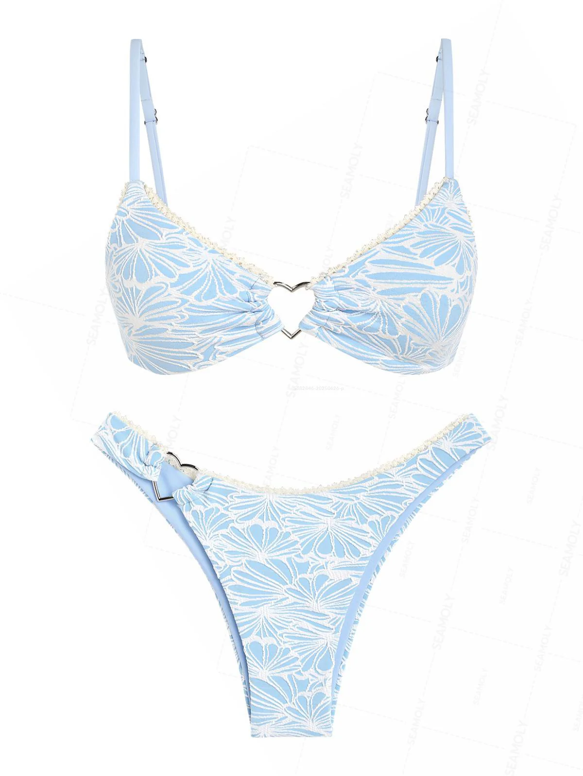 Seamolly Floral Jacquard Lace Heart-shaped Metal Cheeky Bikini Set - Image 2
