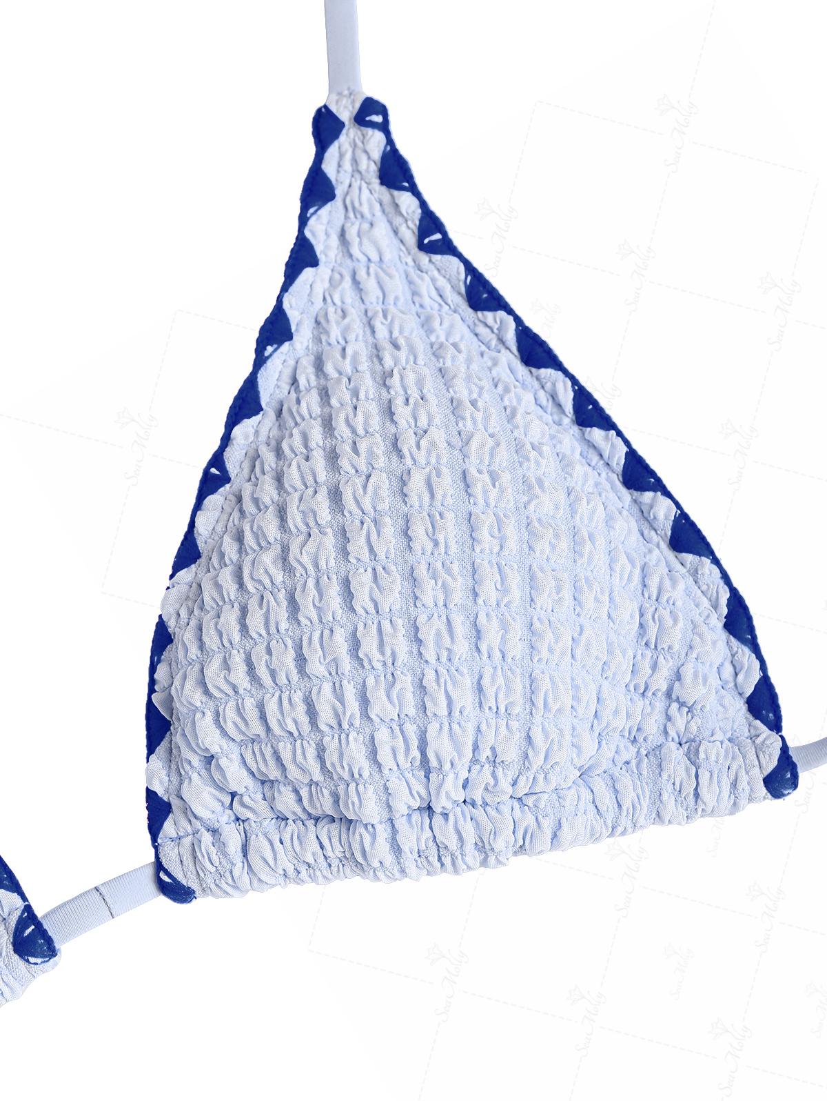 Seamolly Textured Contrast Whip Stitching Halter Triangle Tie Side Bikini Set - Image 3