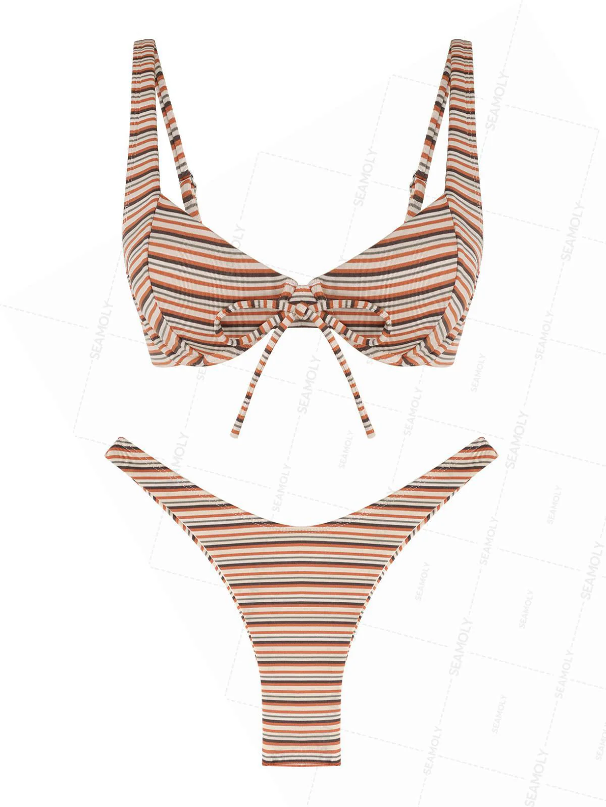 Seamolly Striped Bowknot Underwire High Leg Bikini Set