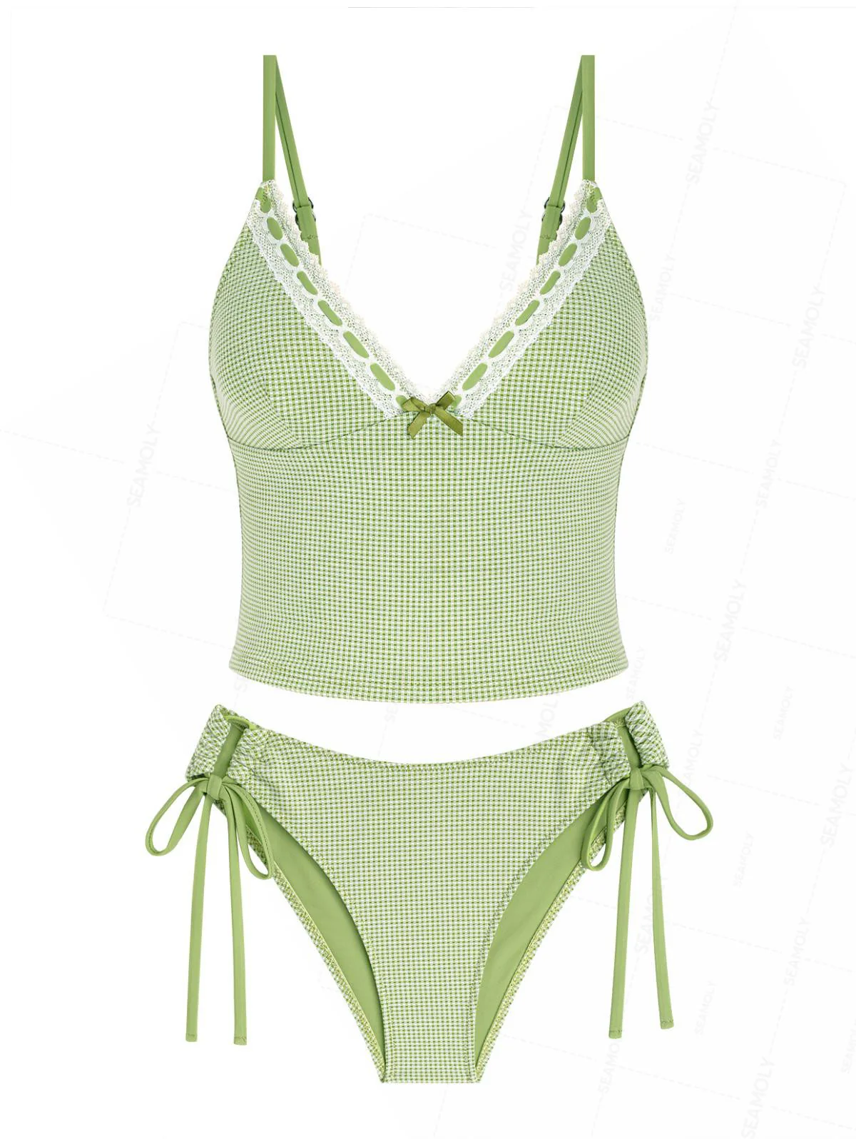 Seamolly Gingham Lace Bowknot Tie Side Tankini Set - Image 2