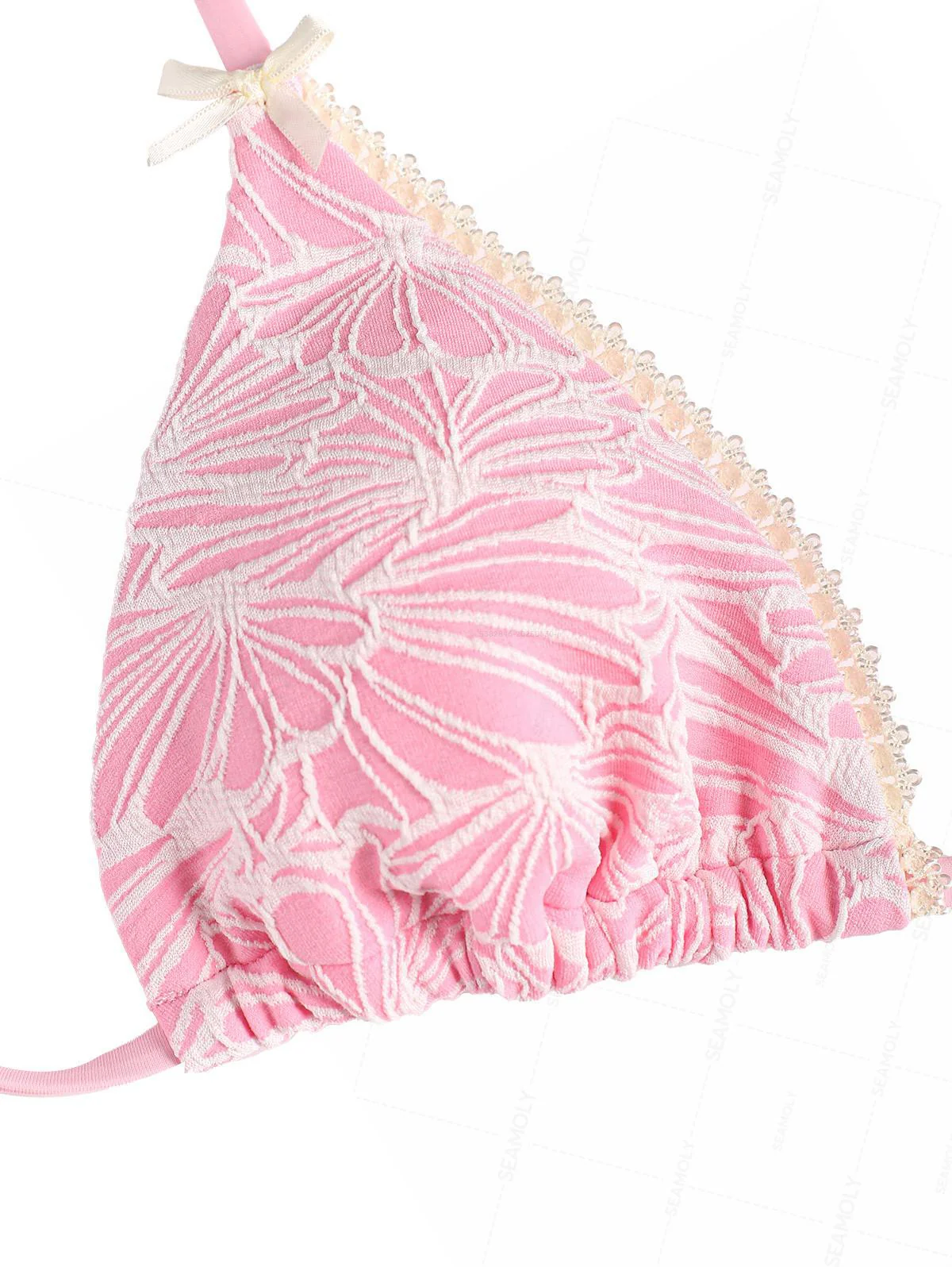 Seamolly Floral Jacquard Textured Lace Bowknot Triangle Bikini Set - Image 3