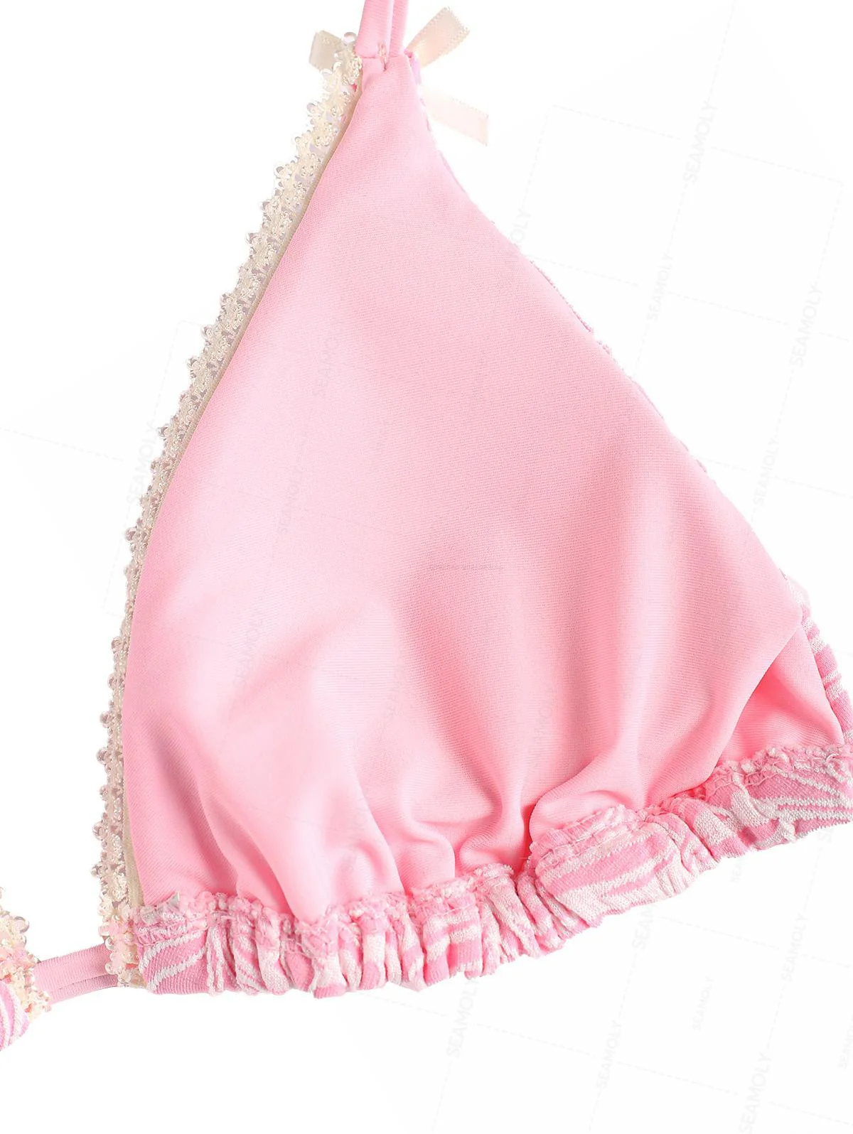 Seamolly Floral Jacquard Textured Lace Bowknot Triangle Bikini Set - Image 4