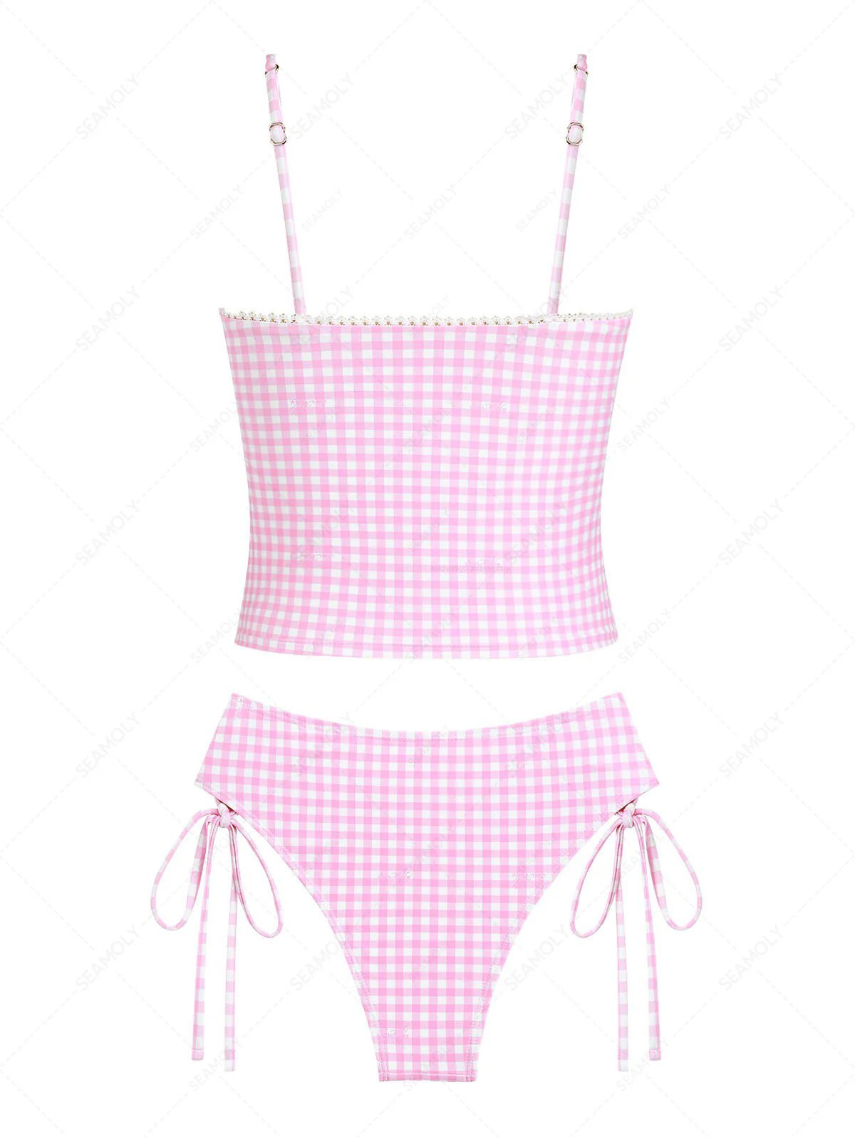 Seamolly Gingham Lace Bowknot Full Coverage Tankini Set - Image 2