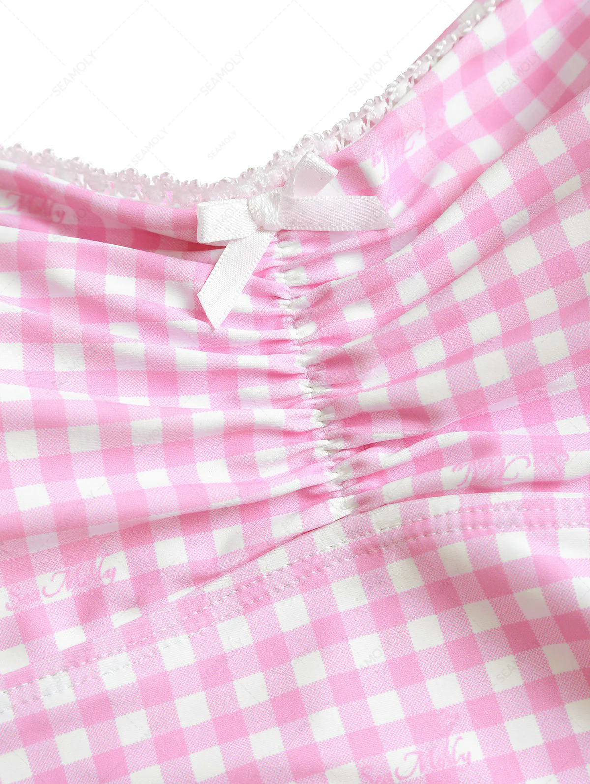 Seamolly Gingham Lace Bowknot Full Coverage Tankini Set - Image 3
