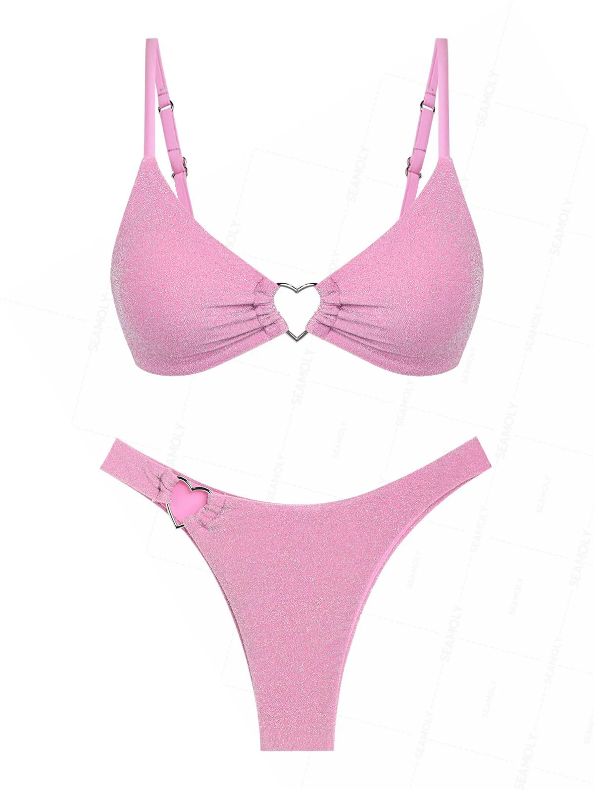 Seamolly Lurex Sparkly Heart-shaped Metal Decor Cheeky Bikini Set - Image 2