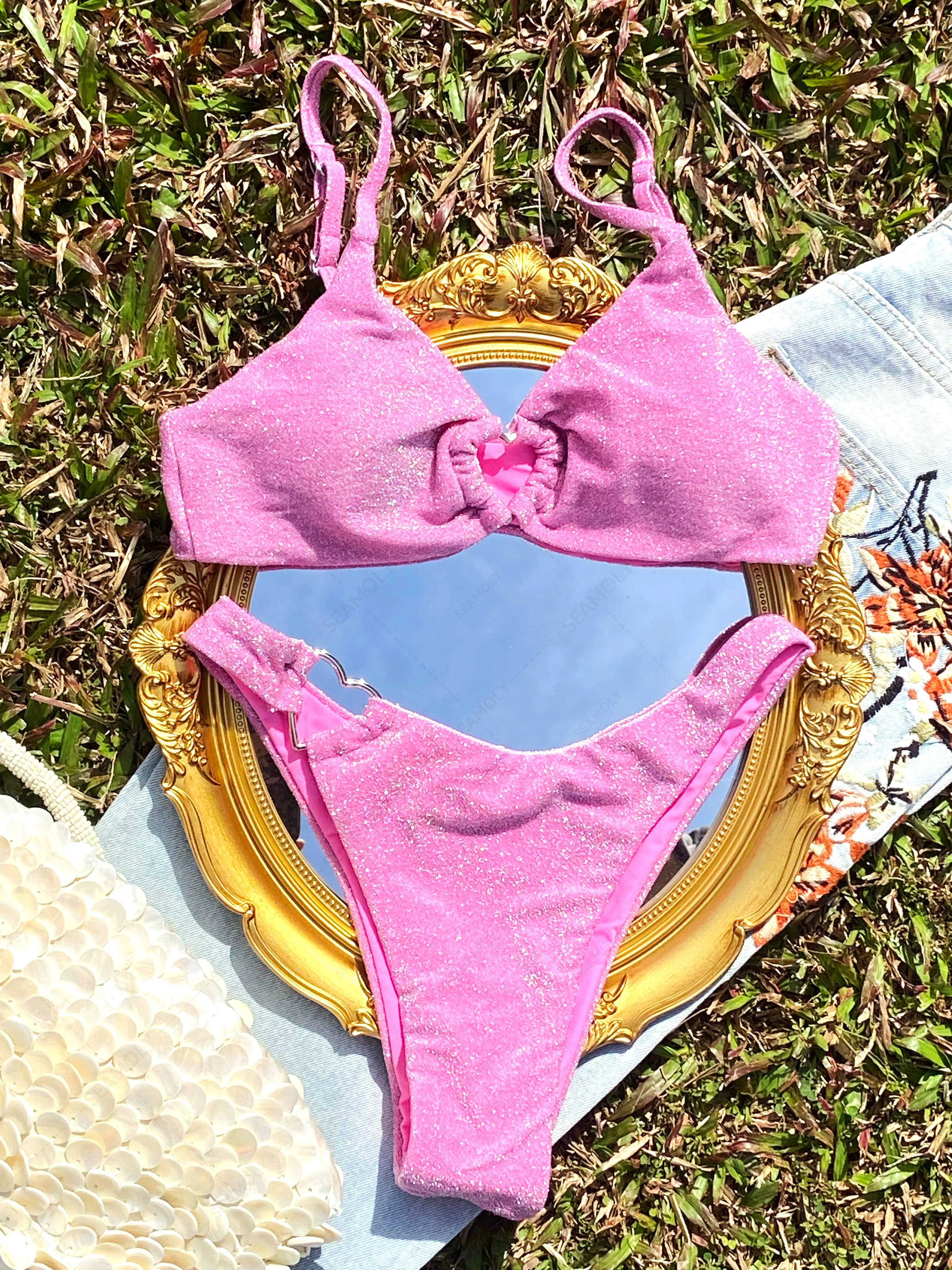 Seamolly Lurex Sparkly Heart-shaped Metal Decor Cheeky Bikini Set - Image 6