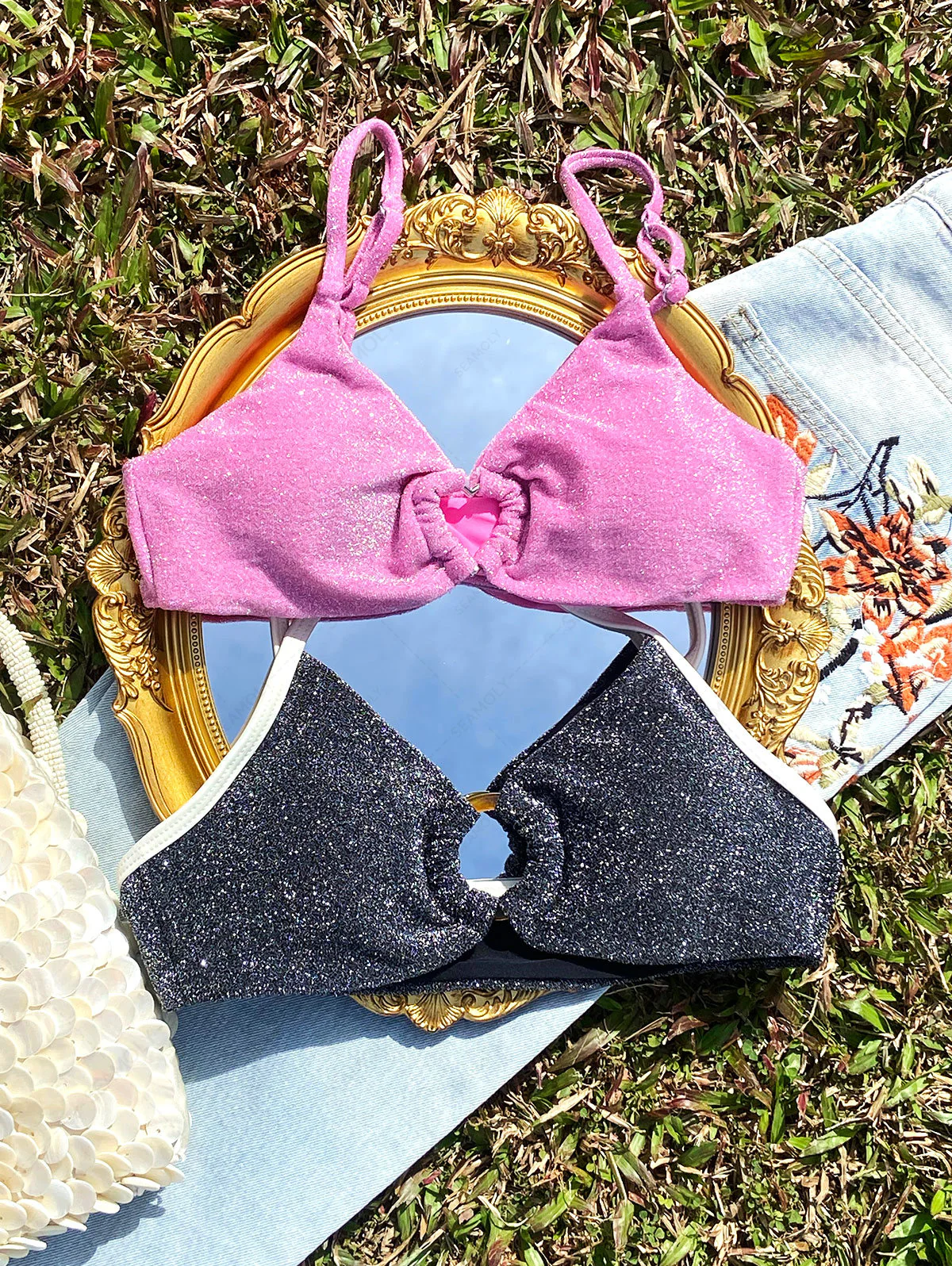 Seamolly Lurex Sparkly Heart-shaped Metal Decor Cheeky Bikini Set - Image 7