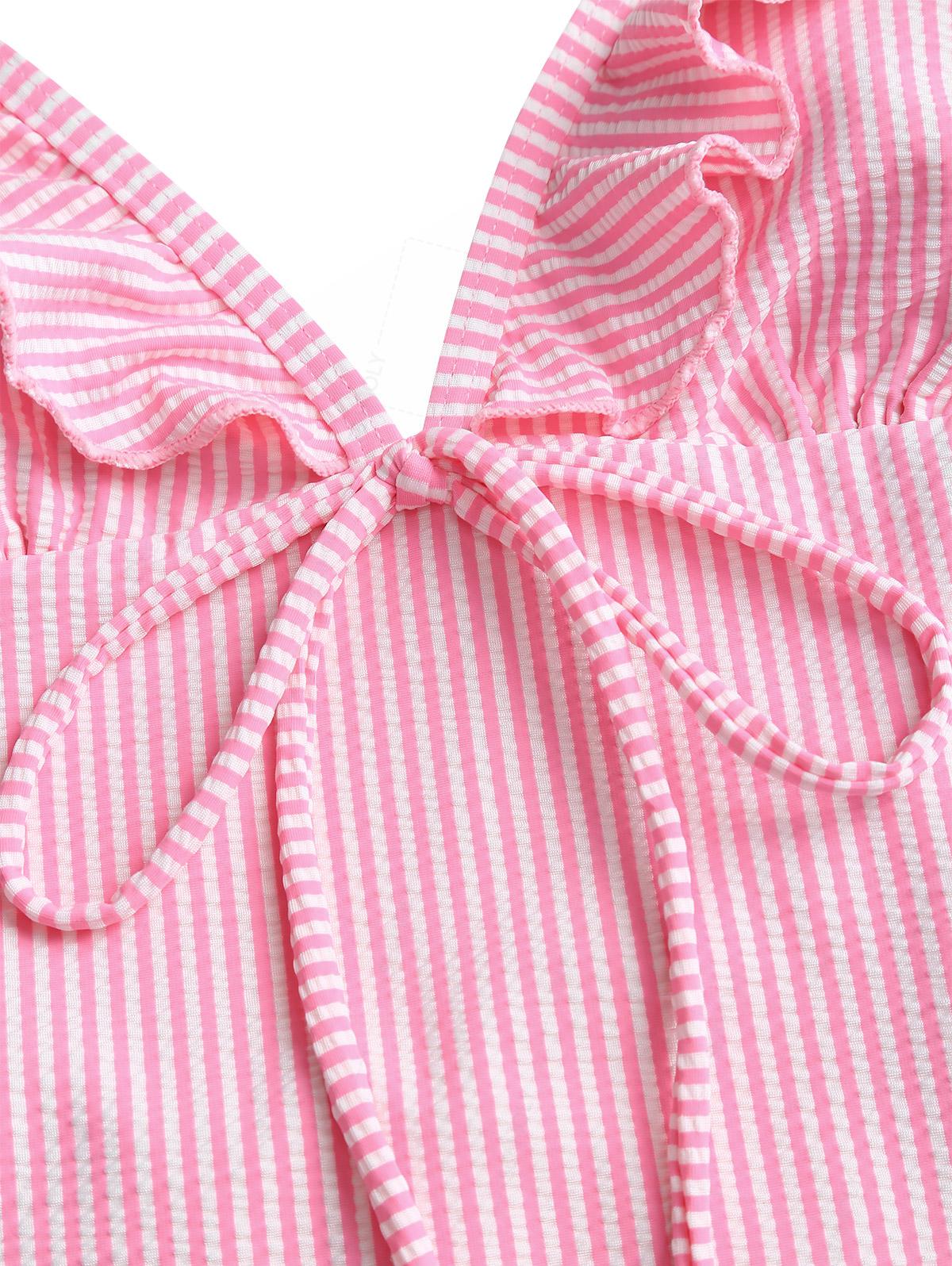 Seamolly Striped Ruffles Trim Tied Plunging Neck One-piece Swimsuit - Image 3
