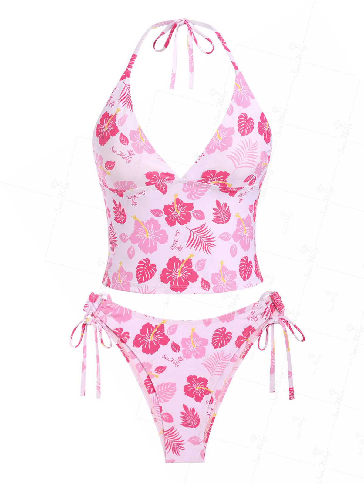 Seamolly Hawaii Tropical Floral Leaves Print Halter Tied Tie Side Bikini Tankini Set