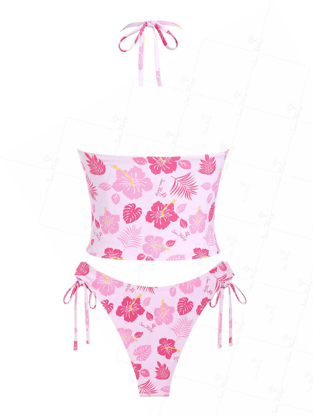 Seamolly Hawaii Tropical Floral Leaves Print Halter Tied Tie Side Bikini Tankini Set - Image 2