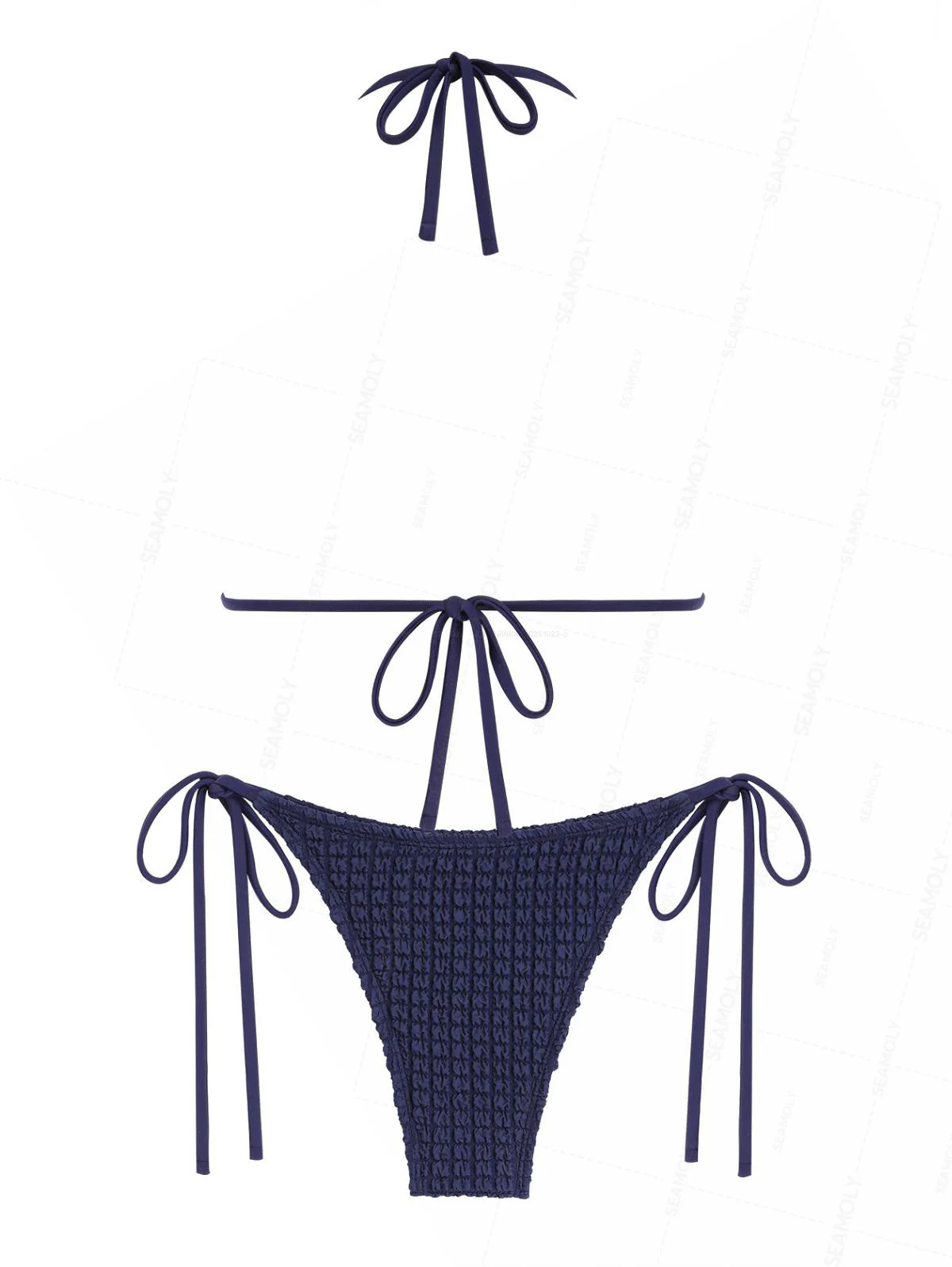 Seamolly Textured Faux Pearl Decor Halter Triangle Tie Side Bikini Set - Image 2